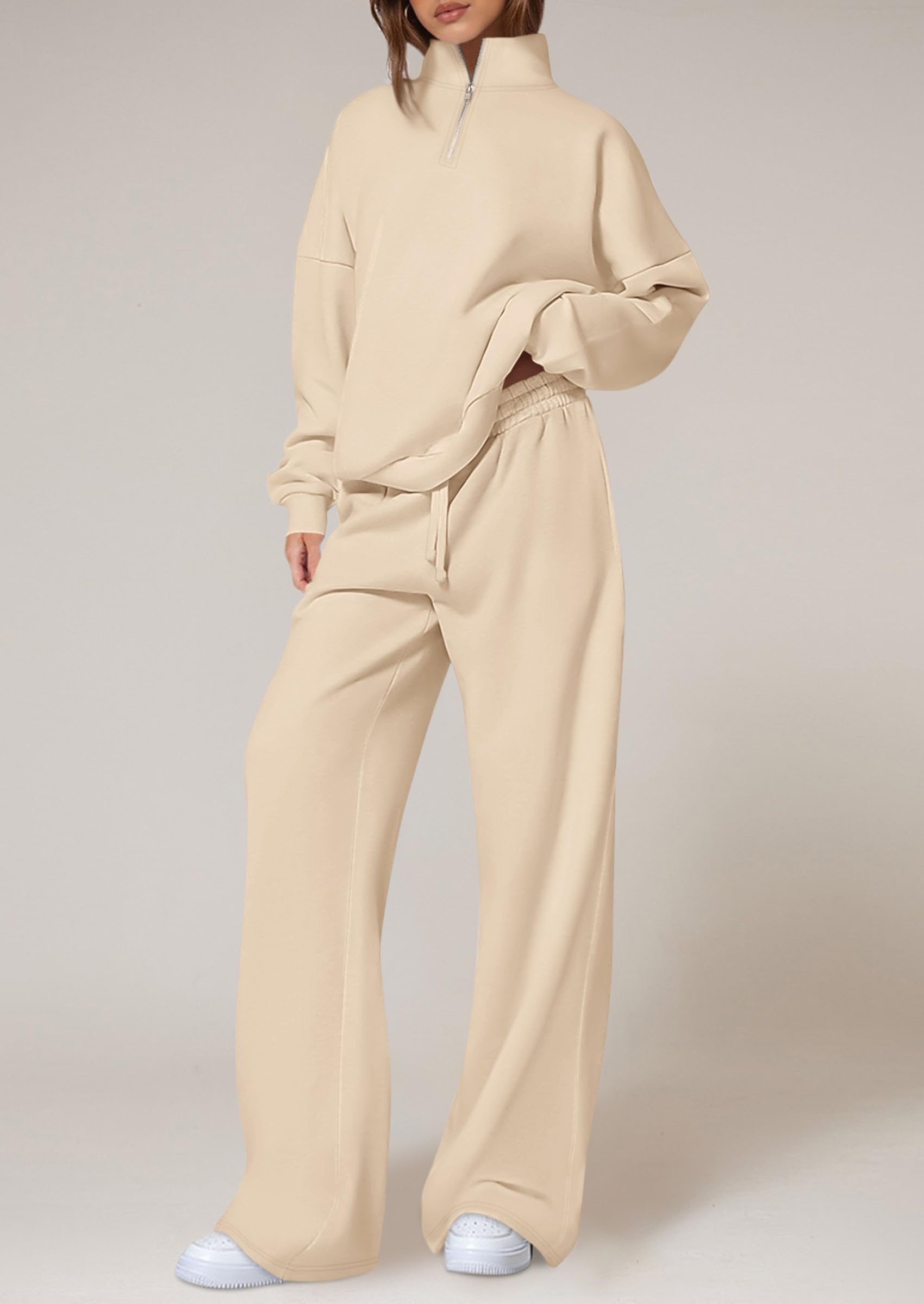 Chichi Womens Casual Two Piece Sets Fall Outfits Quarter Zip Sweatshirts Straight Leg Pants Sweatsuits Tracksuit Beige