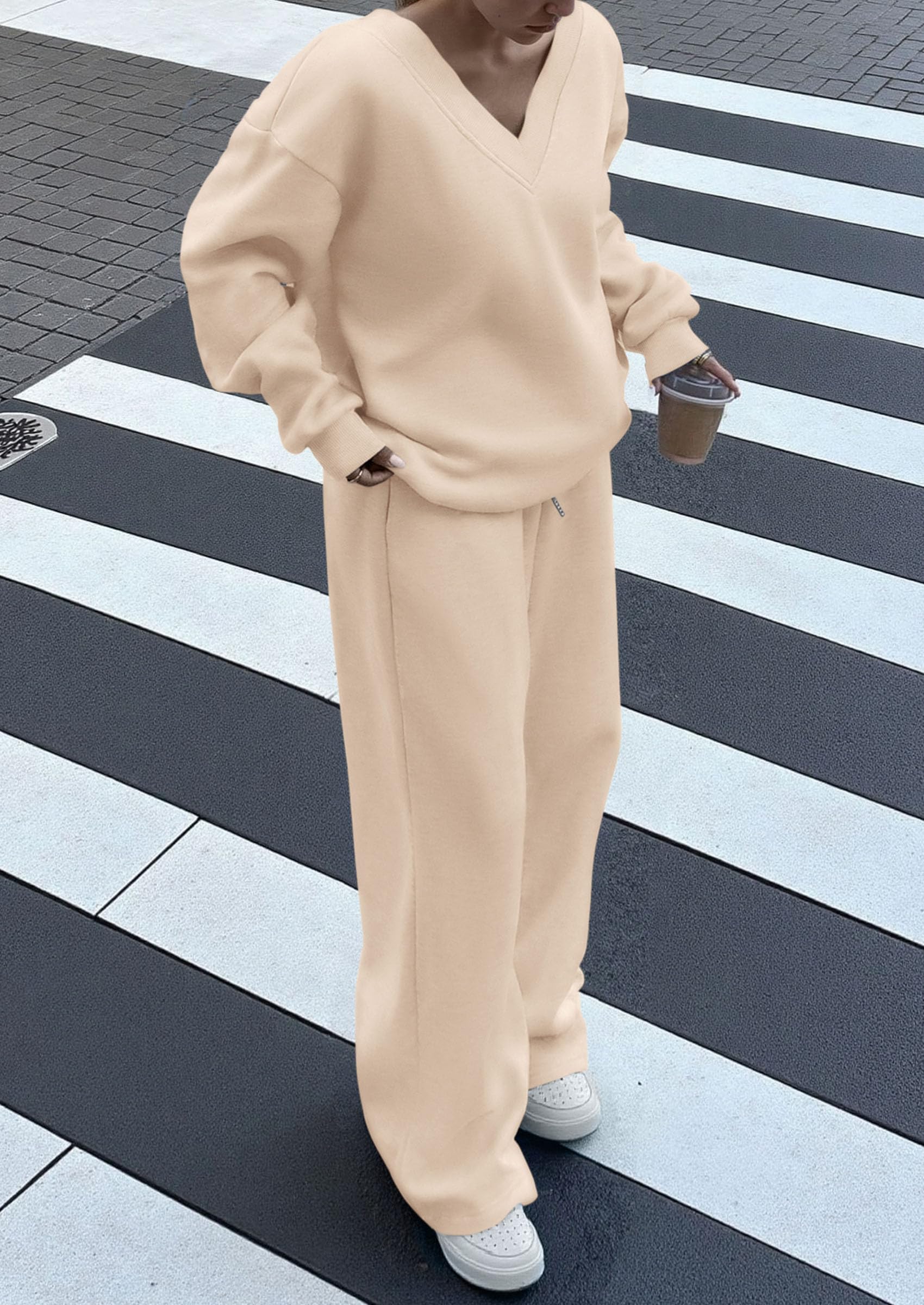 Chichi Casual Winter Two Piece Sets for Women V Neck Sweatshirt Loose Wide Leg Pants Tracksuit Knit Fall Outfits Beige