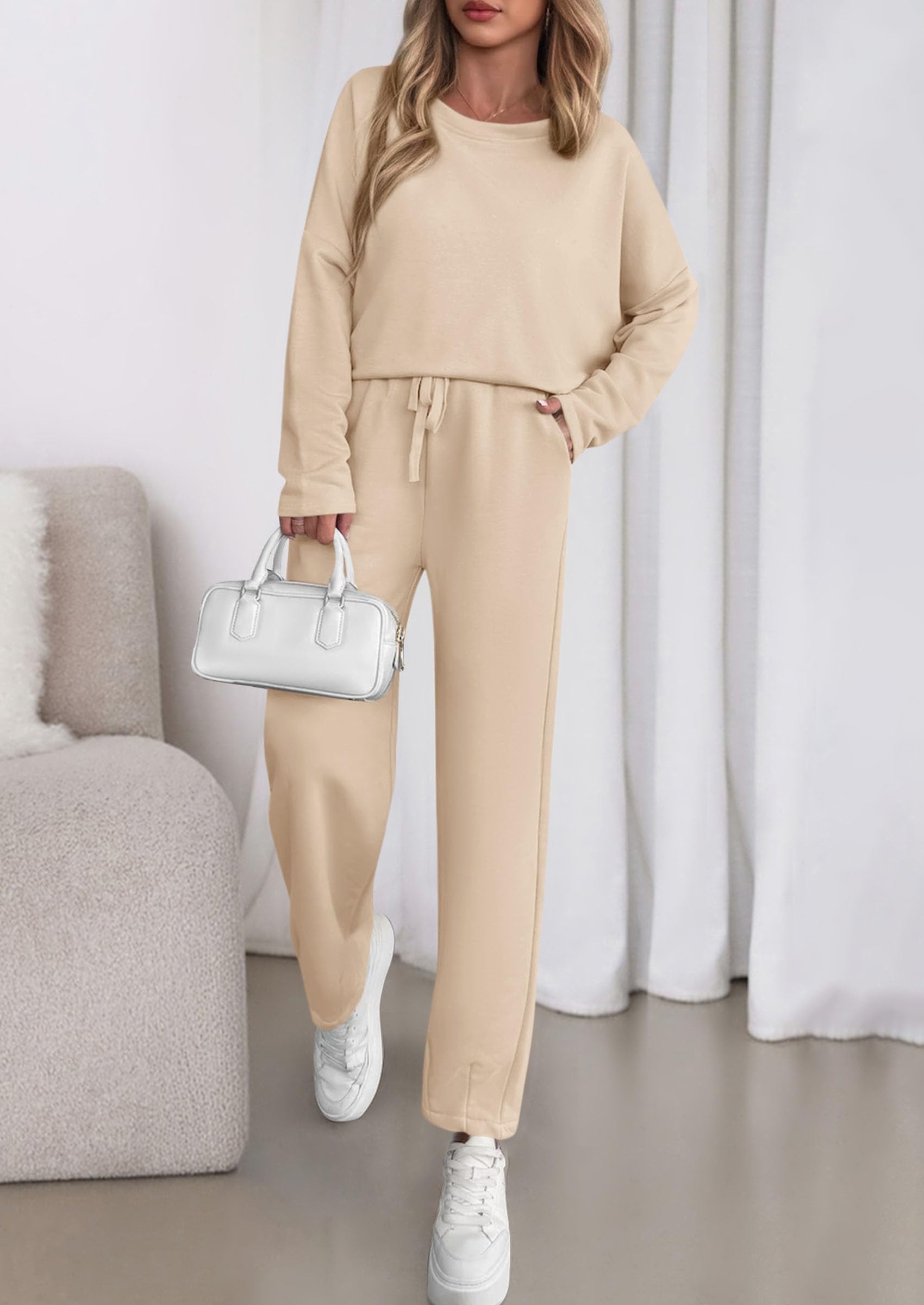 Chichi Womens 2 Piece Matching Lounge Sets Fall Long Sleeve Boatneck Sweatsuit Drawstring Sweatpants Pockets Beige