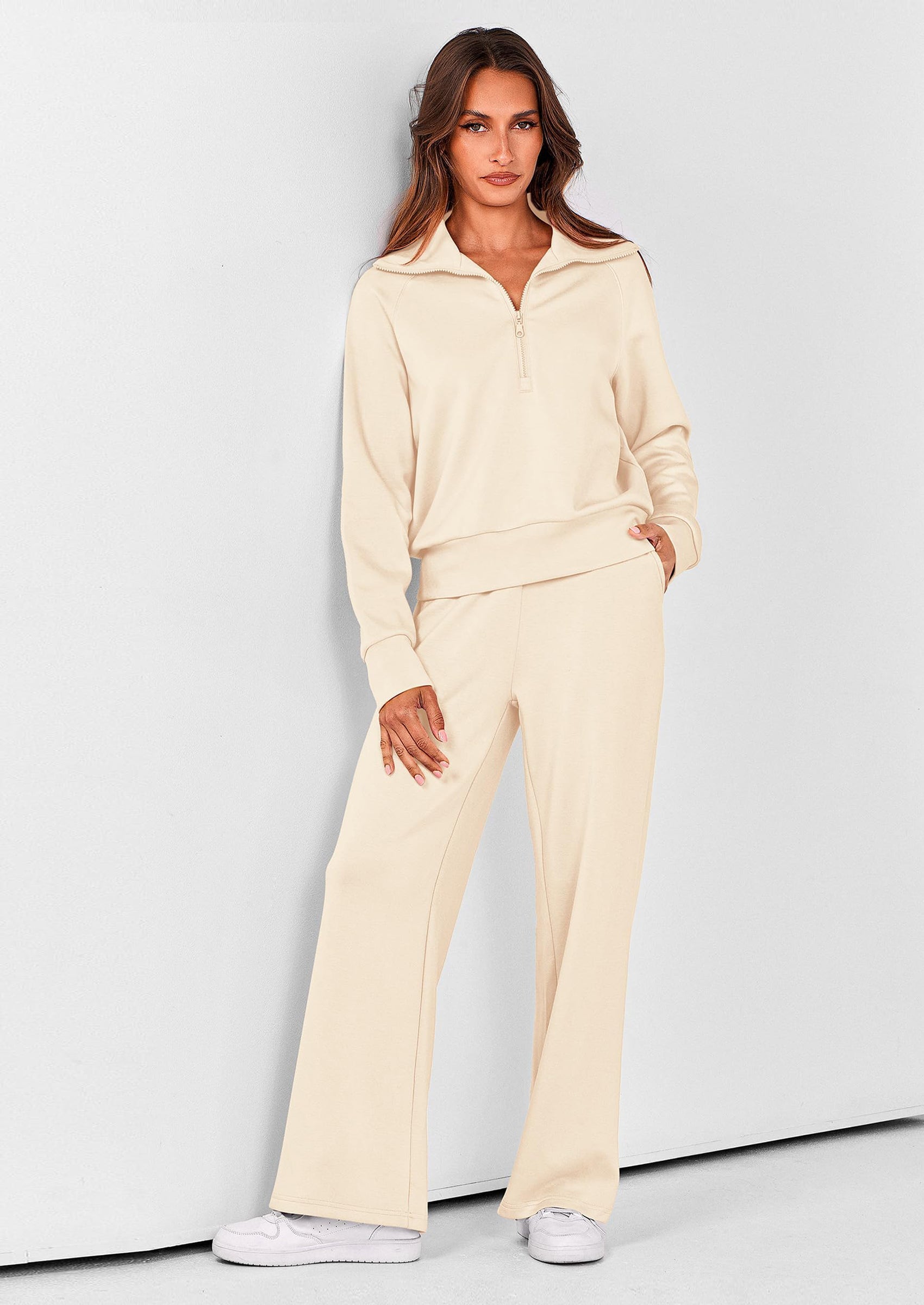 Chichi Women's 2 Piece Outfits Casual Lapel Half Zip Sweatshirts And Wide Leg Pants Tracksuit Sets Beige