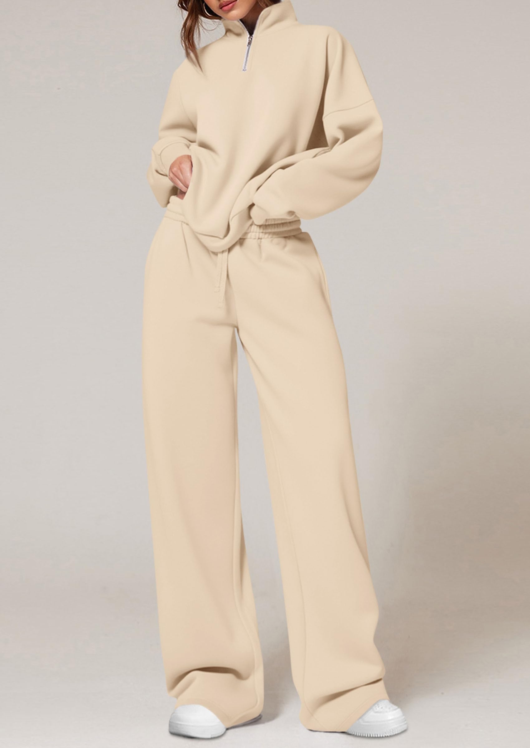 Chichi Womens Casual Two Piece Sets Fall Outfits Quarter Zip Sweatshirts Straight Leg Pants Sweatsuits Tracksuit Beige