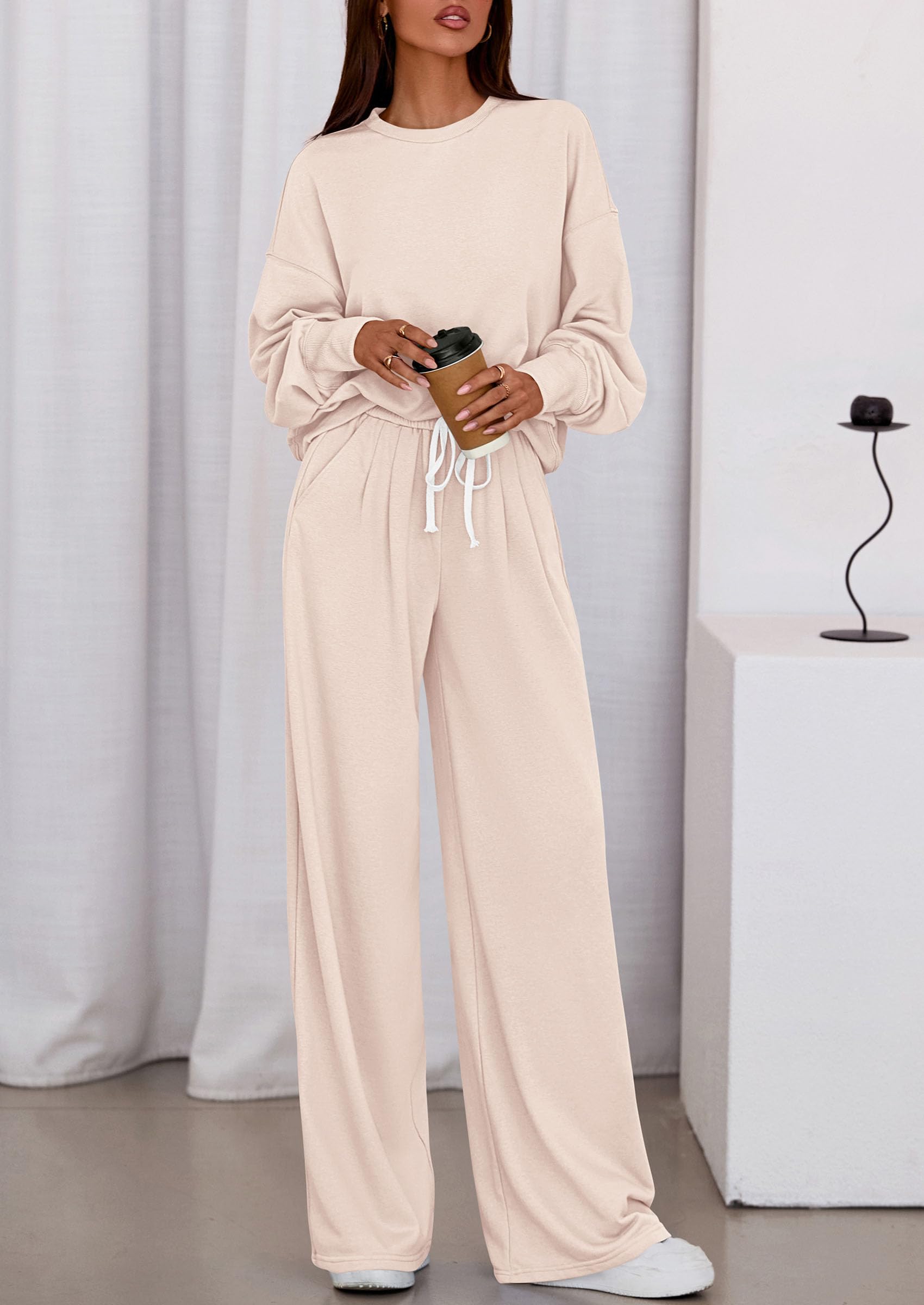 Chichi Womens 2 Piece Sets Long Sleeve Sweatshirt Wide Leg Pants Loose Matching Lounge Set Trendy Fall Outfits Beige
