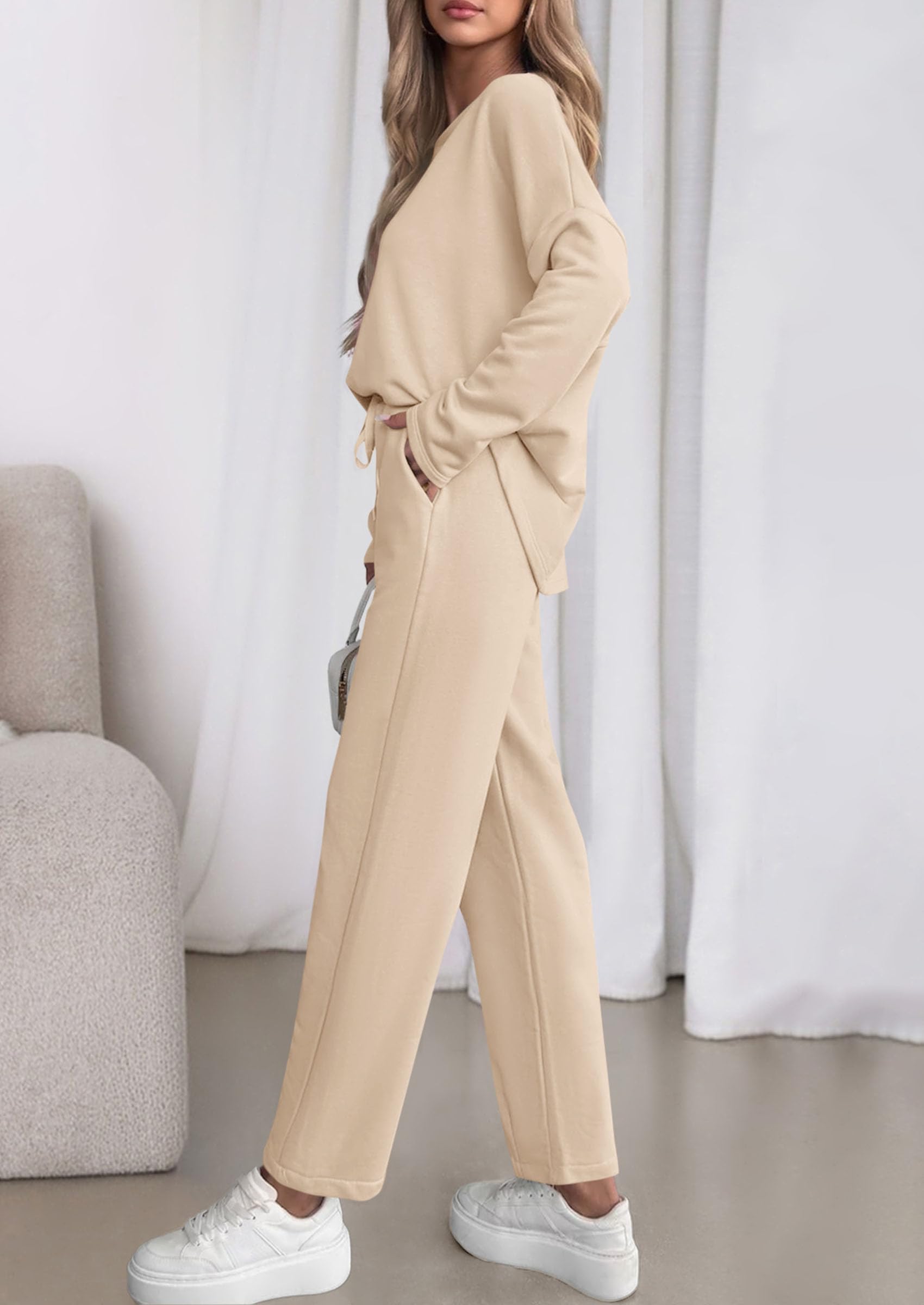 Chichi Womens 2 Piece Matching Lounge Sets Fall Long Sleeve Boatneck Sweatsuit Drawstring Sweatpants Pockets Beige