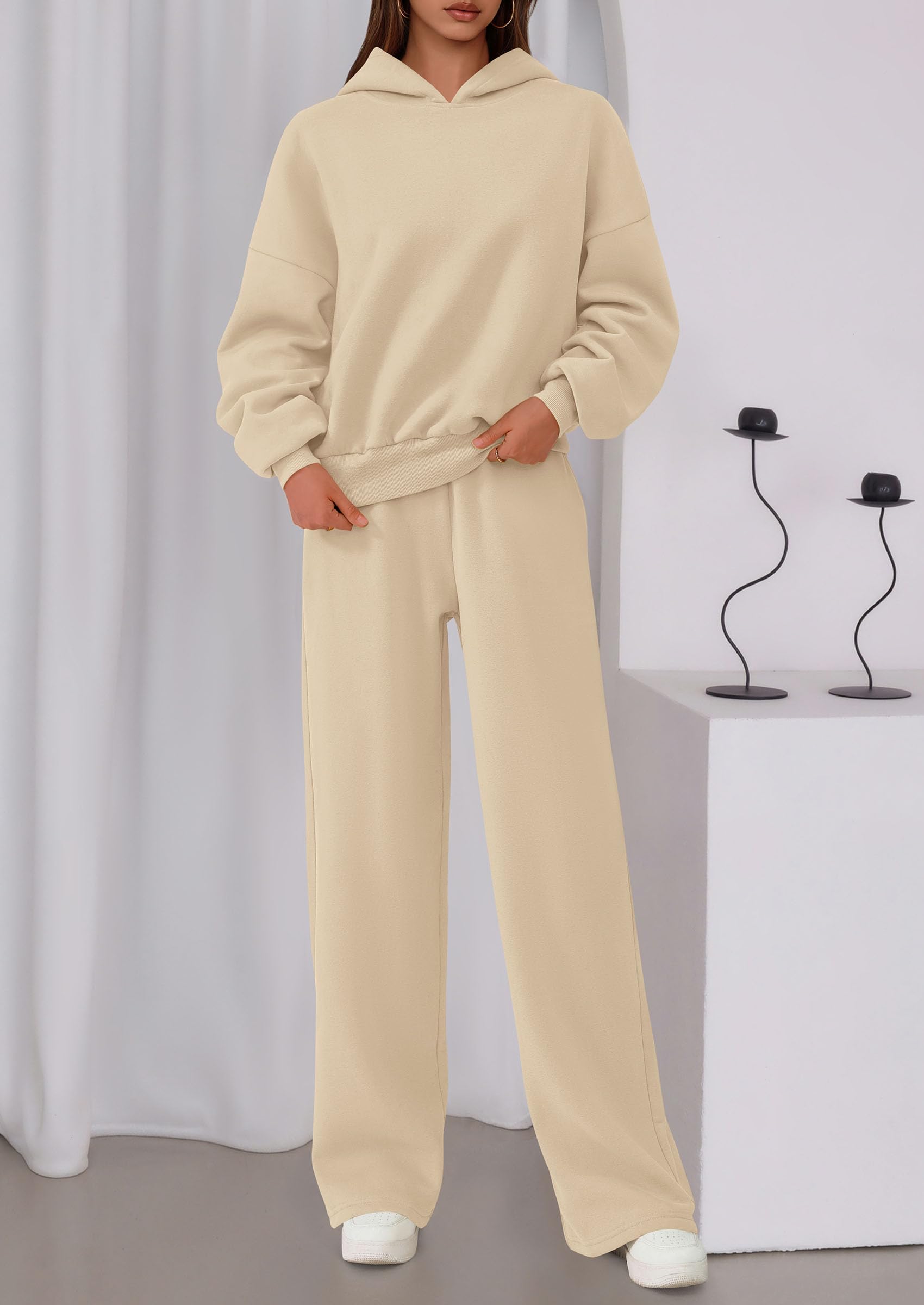 Chichi Womens Sweatsuits 2 Piece Set Casual Winter Long Sleeve Hoodie Loose Wide Leg Sweatpants Fall Tracksuit Beige