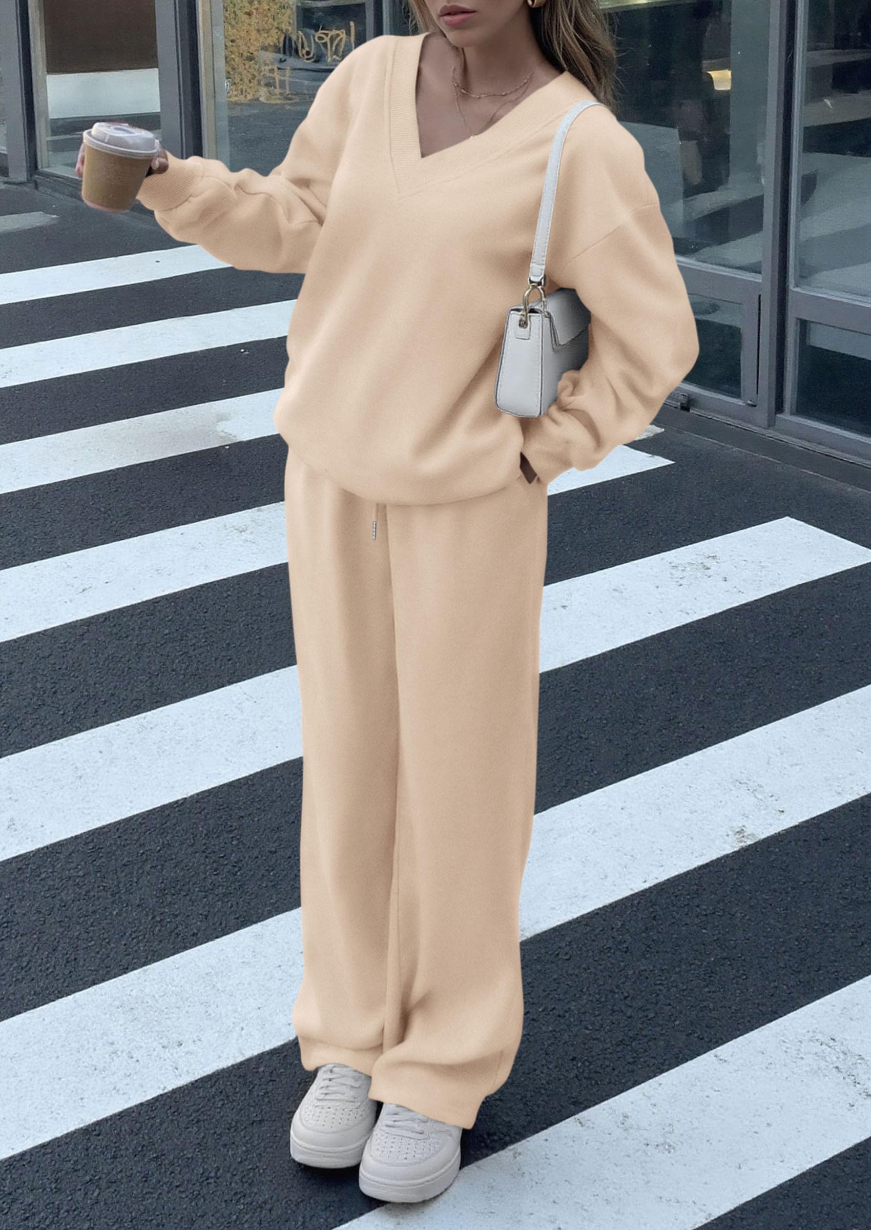 Chichi Casual Winter Two Piece Sets for Women V Neck Sweatshirt Loose Wide Leg Pants Tracksuit Knit Fall Outfits Beige
