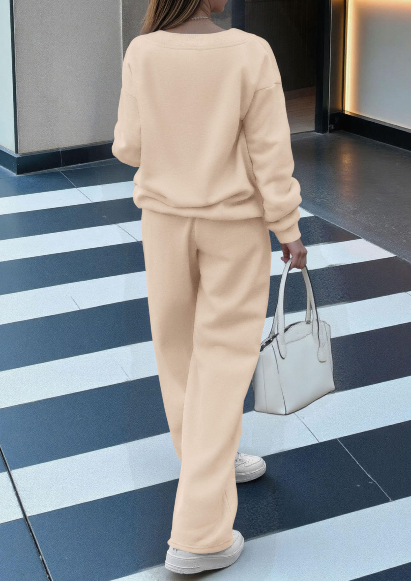 Chichi Casual Winter Two Piece Sets for Women V Neck Sweatshirt Loose Wide Leg Pants Tracksuit Knit Fall Outfits Beige