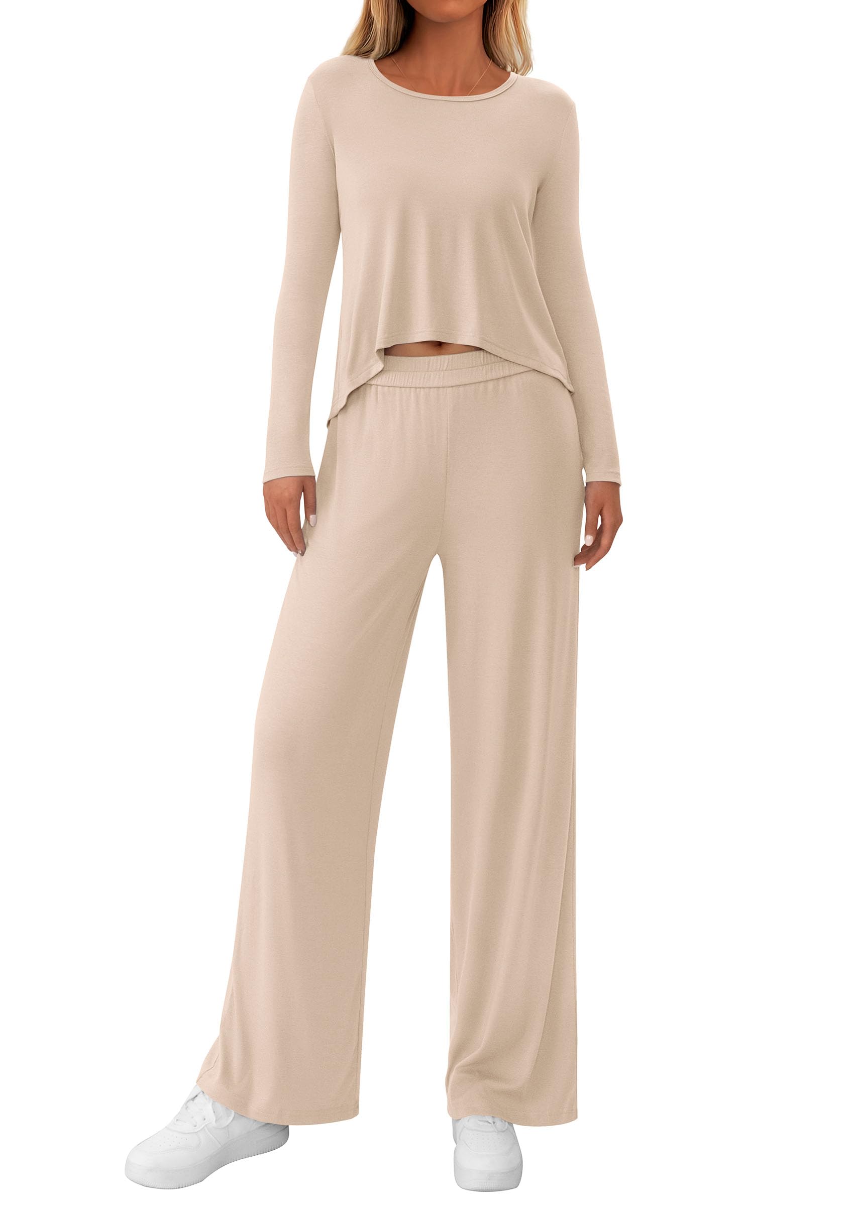 Chichi Women's 2 Piece Fall Sets Casual Long Sleeve Shirts Wide Leg Pants Lounge Travel Outfits Fashion Clothing Beige