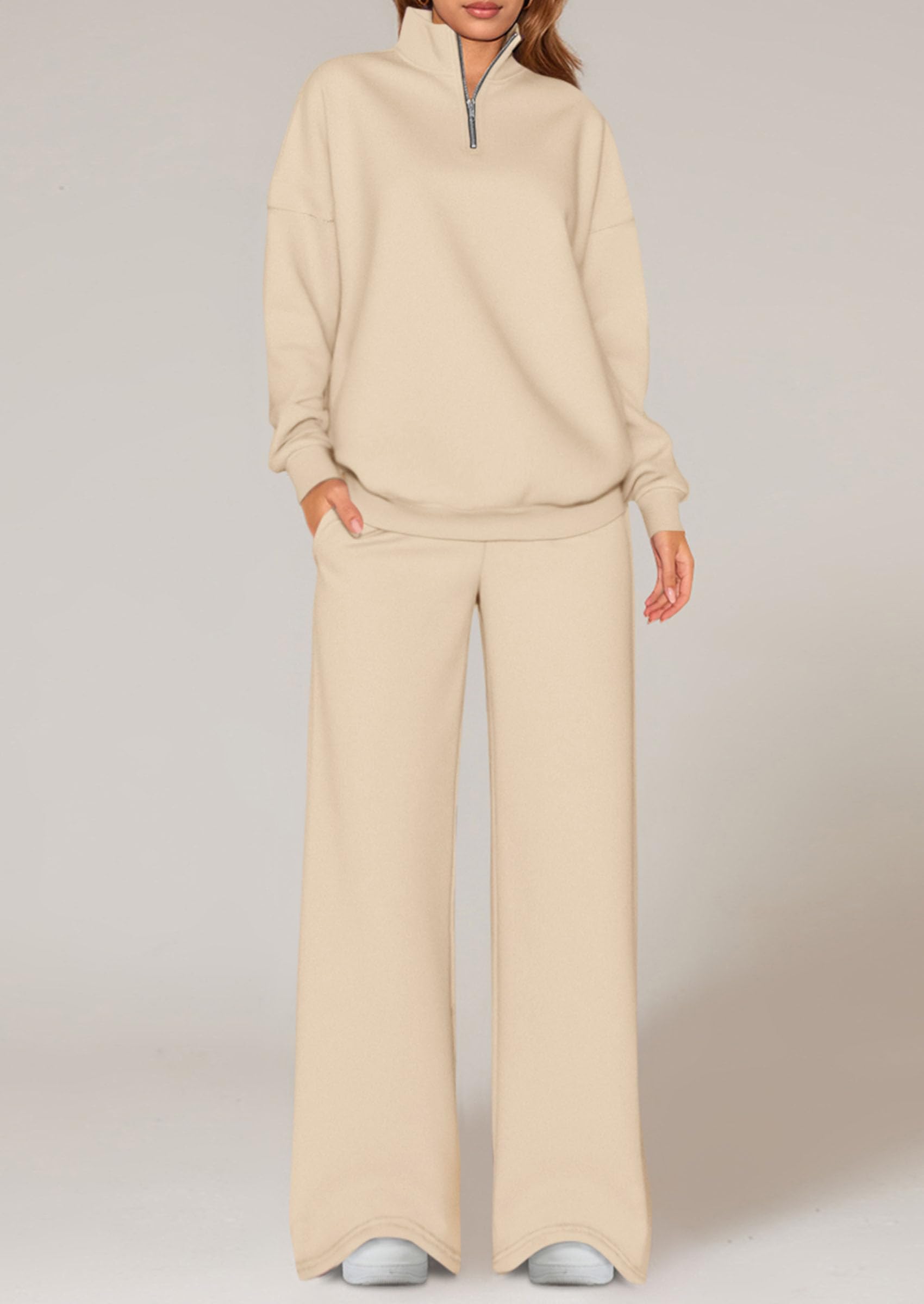 Chichi Womens Casual Two Piece Sets Fall Outfits Quarter Zip Sweatshirts Straight Leg Pants Sweatsuits Tracksuit Beige