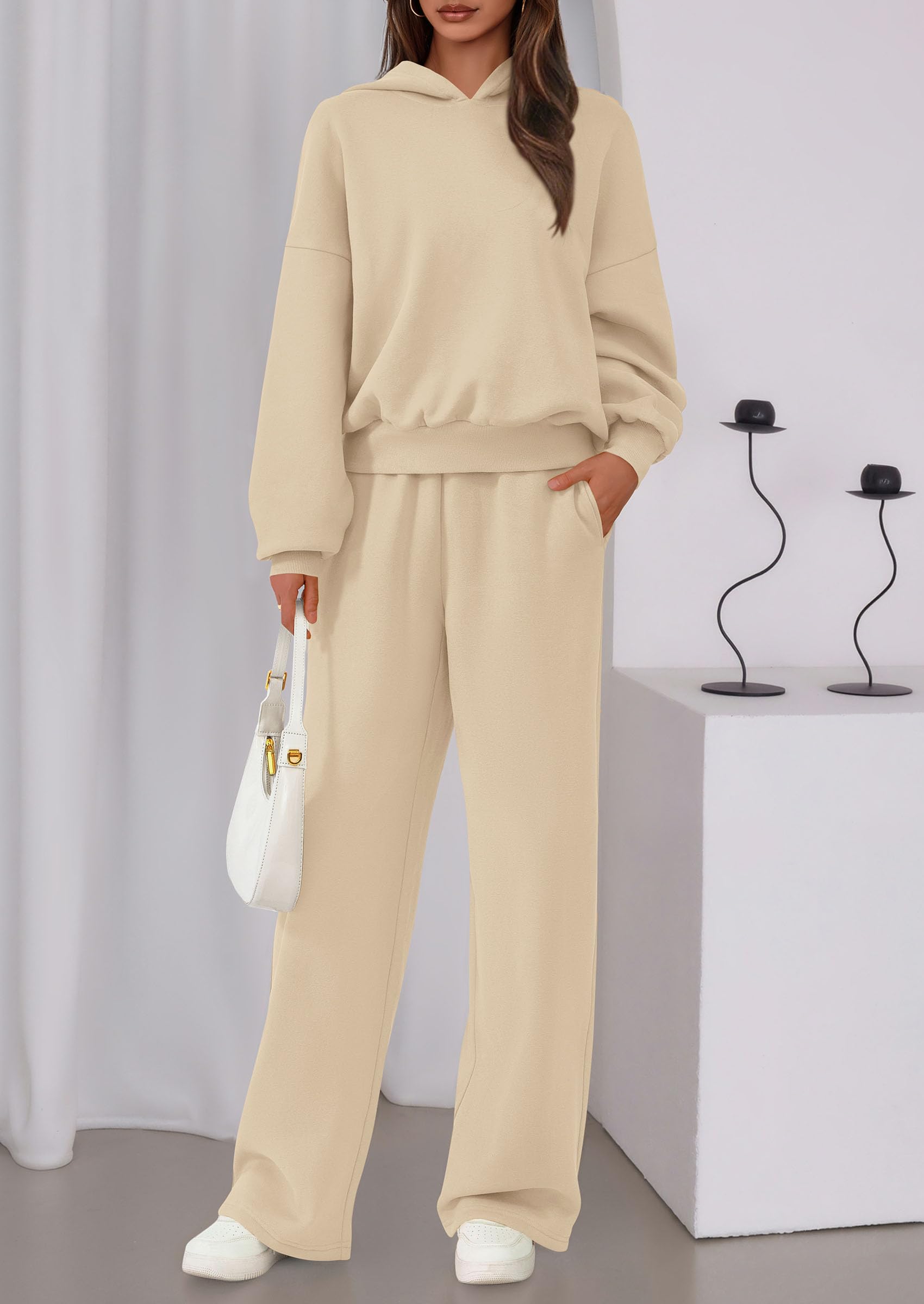 Chichi Womens Sweatsuits 2 Piece Set Casual Winter Long Sleeve Hoodie Loose Wide Leg Sweatpants Fall Tracksuit Beige