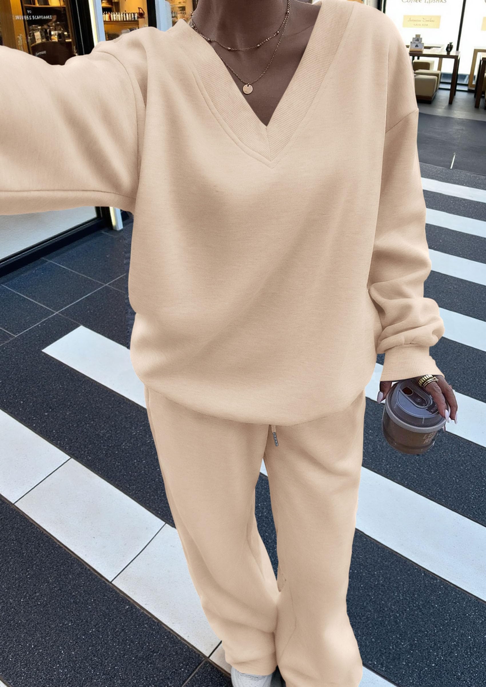 Chichi Casual Winter Two Piece Sets for Women V Neck Sweatshirt Loose Wide Leg Pants Tracksuit Knit Fall Outfits Beige