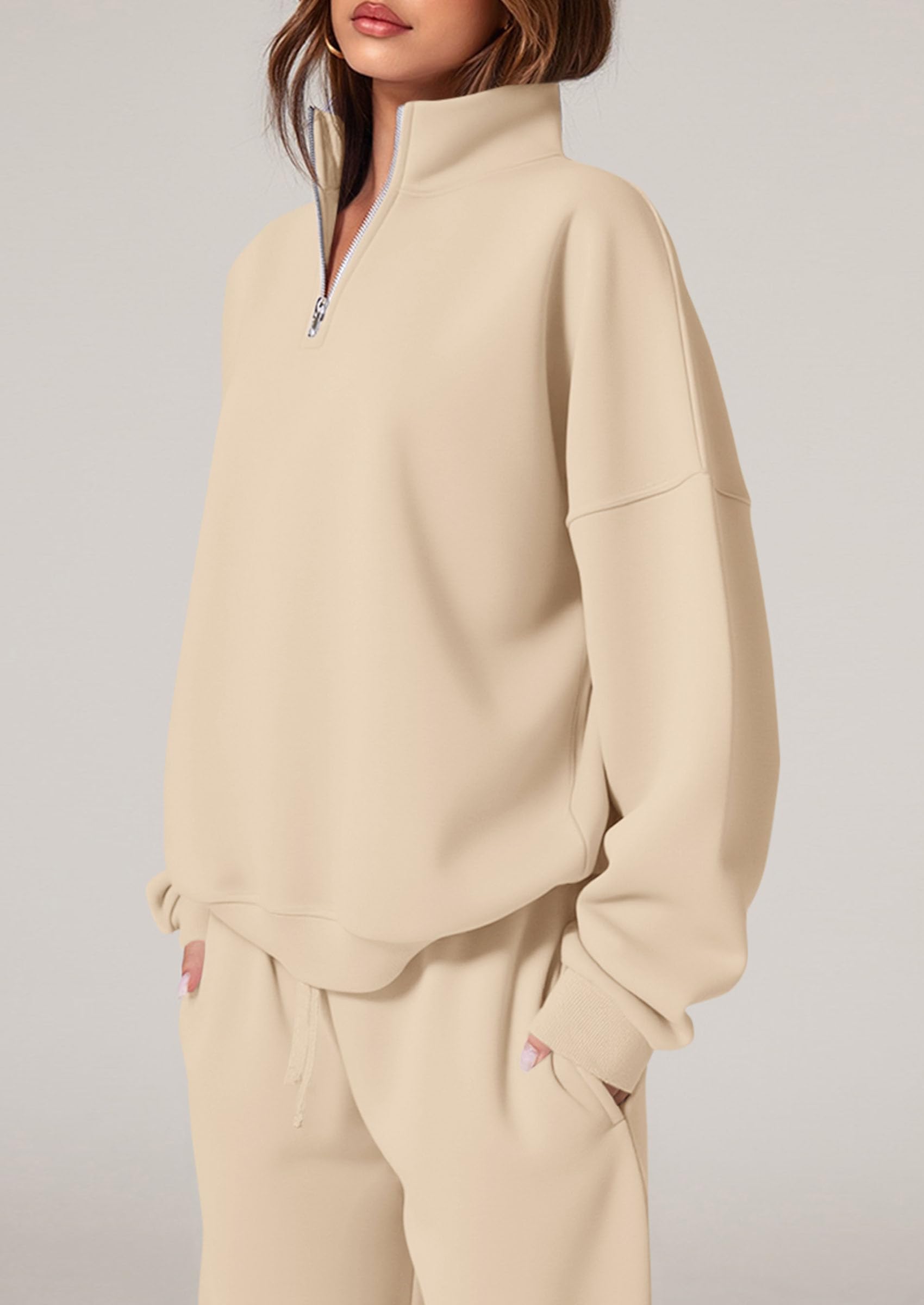 Chichi Womens Casual Two Piece Sets Fall Outfits Quarter Zip Sweatshirts Straight Leg Pants Sweatsuits Tracksuit Beige