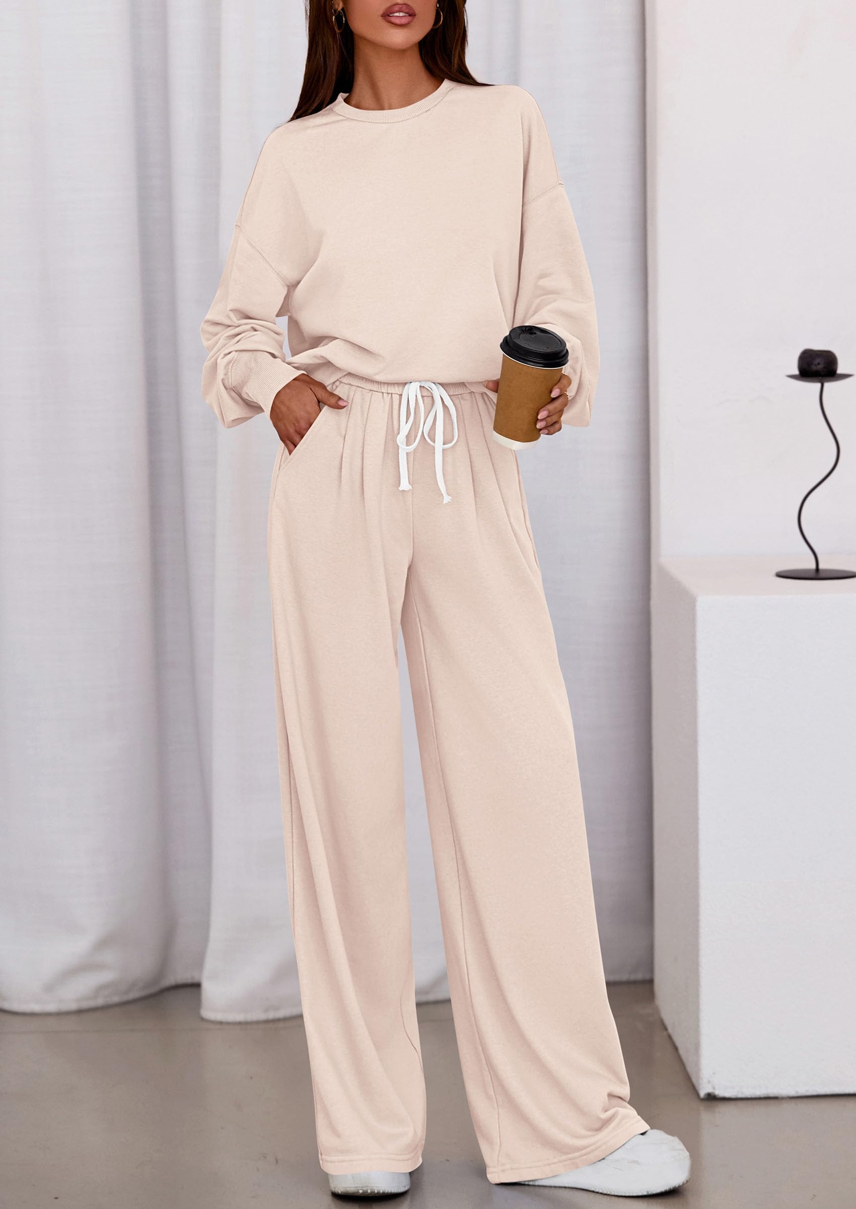 Chichi Womens 2 Piece Sets Long Sleeve Sweatshirt Wide Leg Pants Loose Matching Lounge Set Trendy Fall Outfits Beige