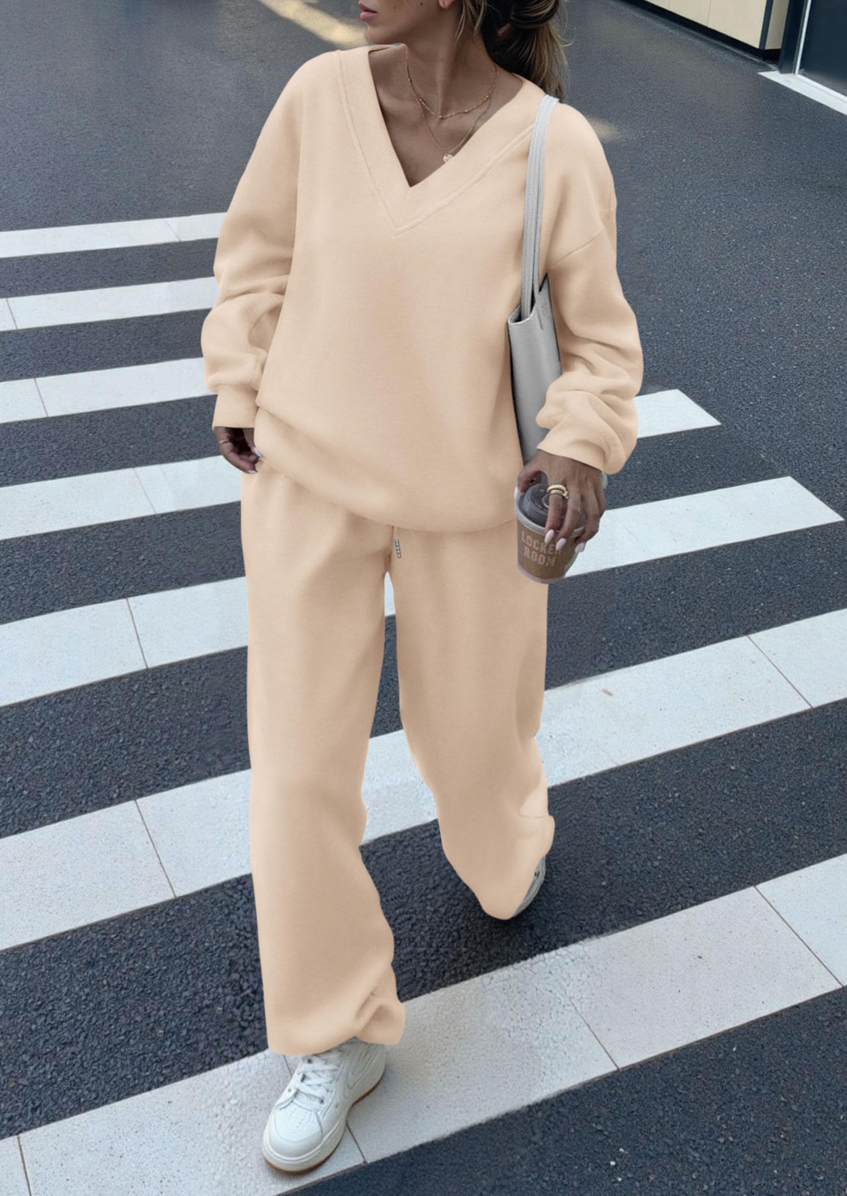 Chichi Casual Winter Two Piece Sets for Women V Neck Sweatshirt Loose Wide Leg Pants Tracksuit Knit Fall Outfits Beige