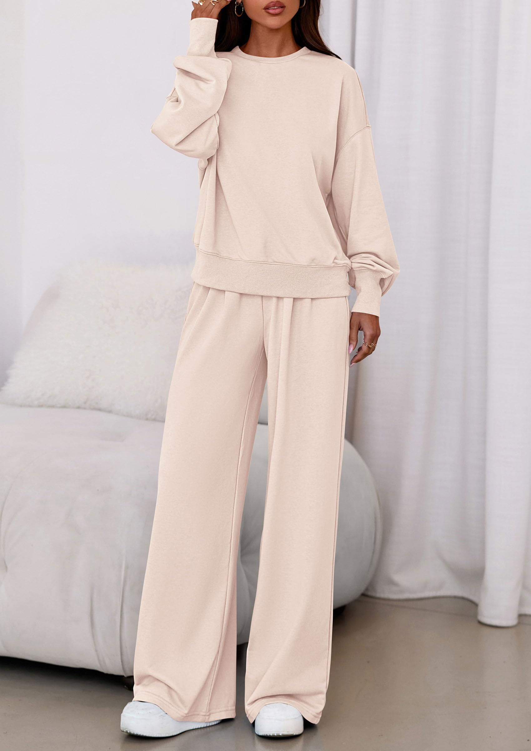 Chichi Womens 2 Piece Sets Long Sleeve Sweatshirt Wide Leg Pants Loose Matching Lounge Set Trendy Fall Outfits Beige