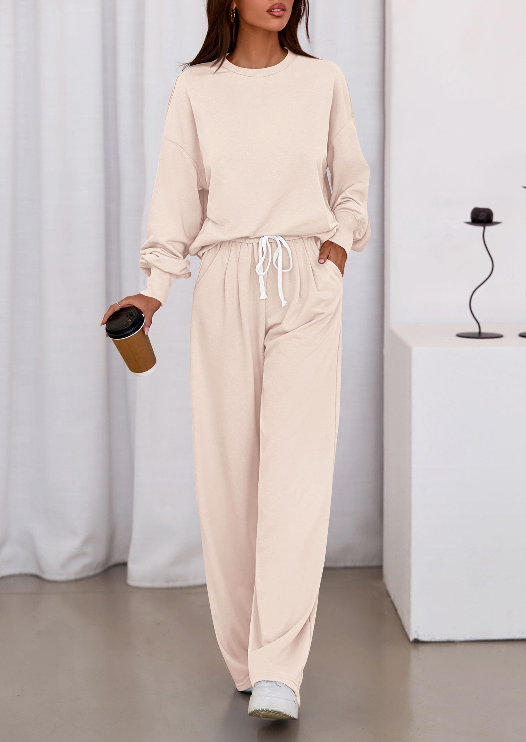 Chichi Womens 2 Piece Sets Long Sleeve Sweatshirt Wide Leg Pants Loose Matching Lounge Set Trendy Fall Outfits Beige