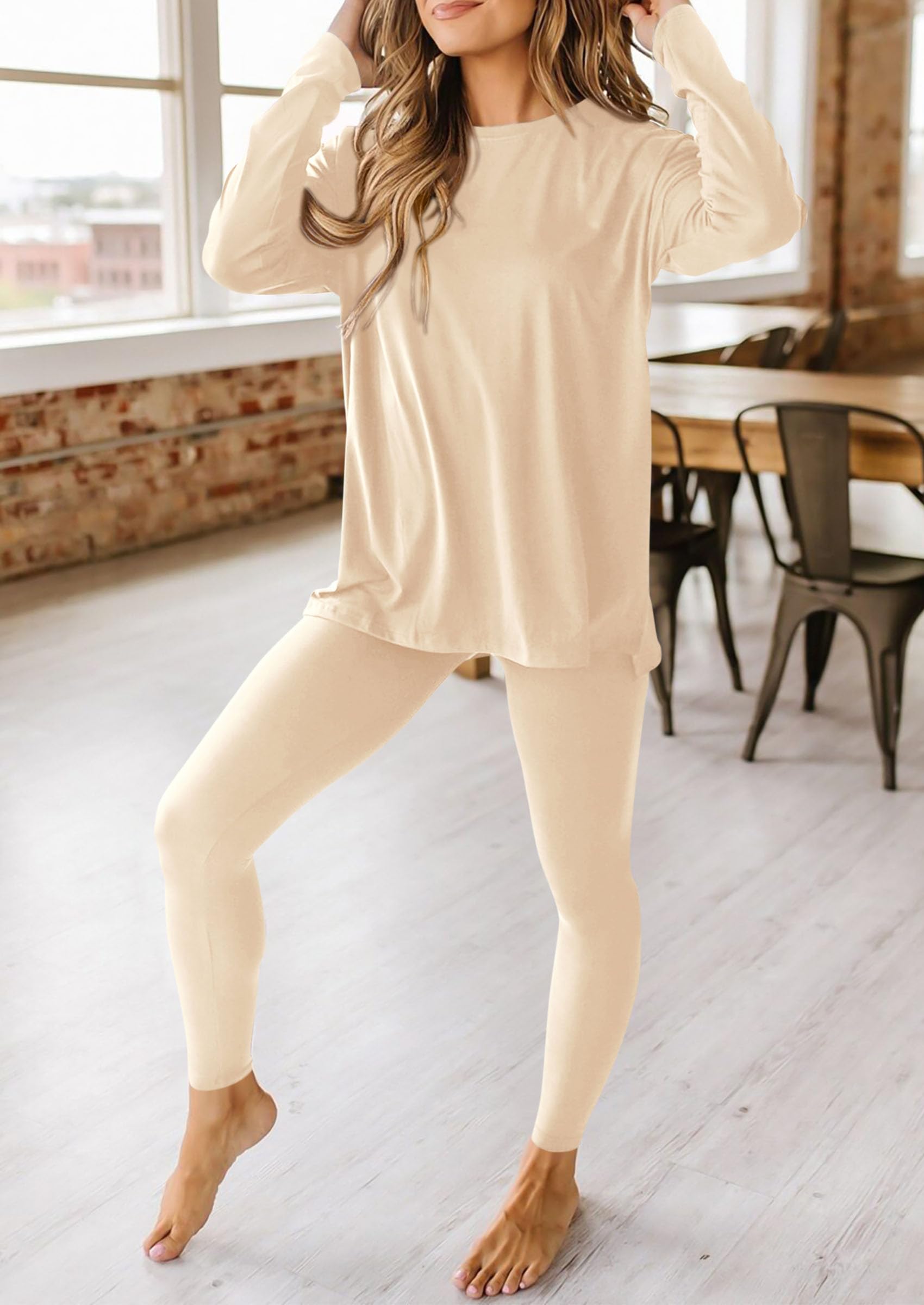 Chichi 2 Piece Outfits Casual Long Sleeve Tunic Tops Legging Pants Lounge Sets Sweatsuits Beige