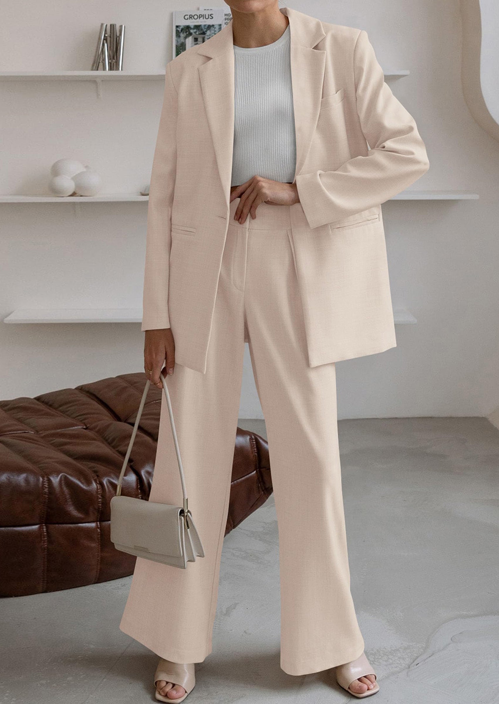 Chichi Women's Fall Two Piece Outfits Dressy Blazer Jacket and Wide Leg Pants Pockets Business Casual Office Suit Sets Beige