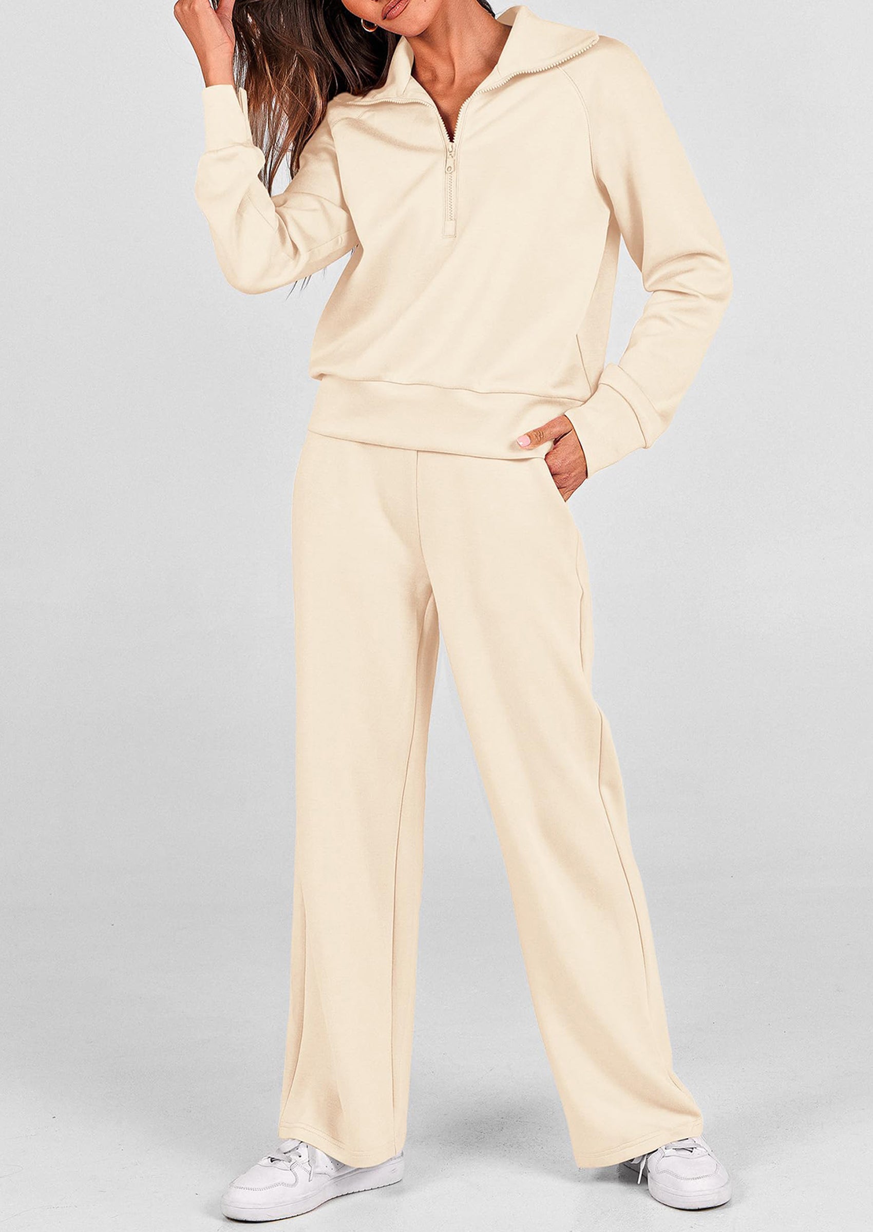 Chichi Women's 2 Piece Outfits Casual Lapel Half Zip Sweatshirts And Wide Leg Pants Tracksuit Sets Beige