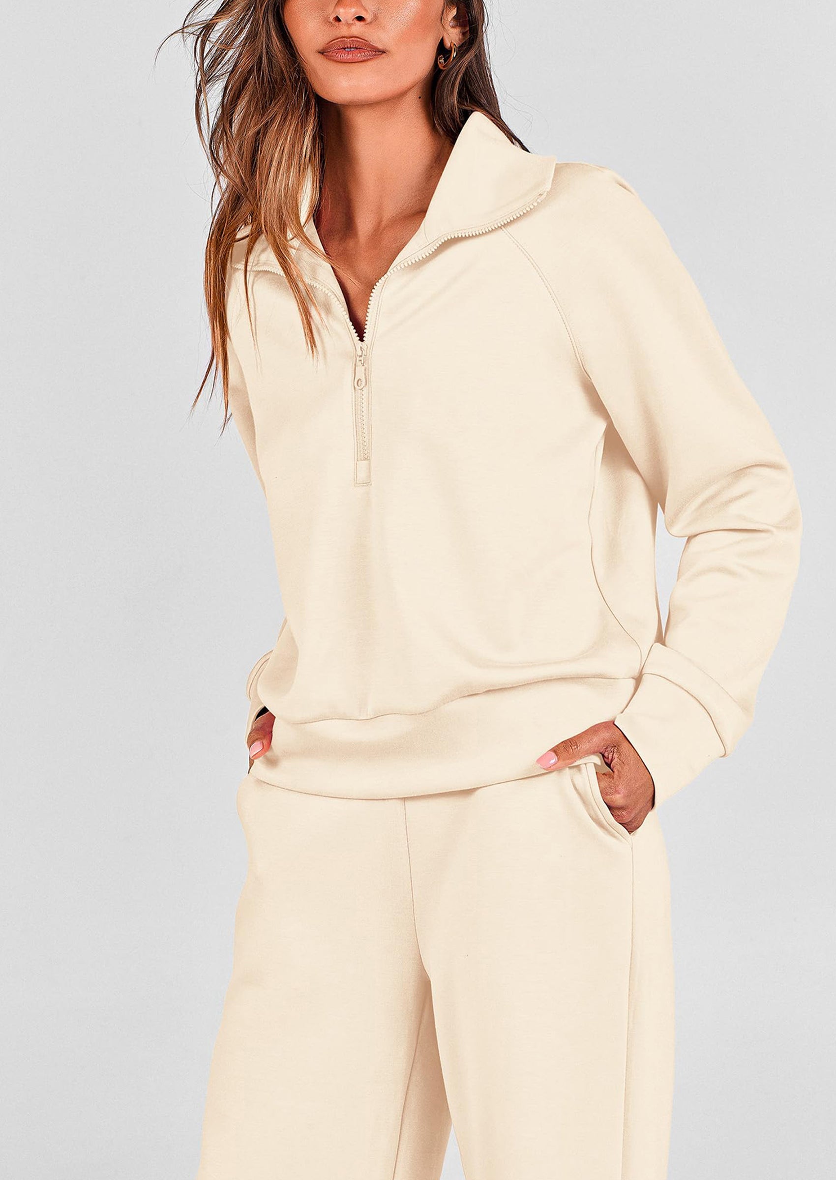 Chichi Women's 2 Piece Outfits Casual Lapel Half Zip Sweatshirts And Wide Leg Pants Tracksuit Sets Beige
