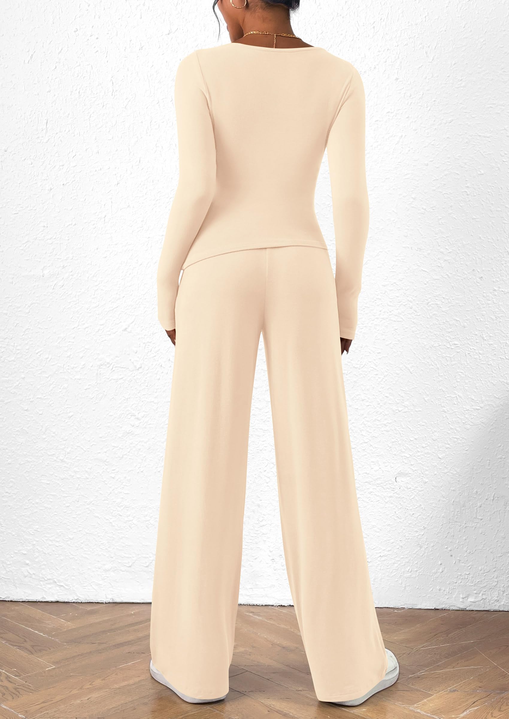Chichi Women's 2 Piece Lounge Sets Asymmetrical Long Sleeve T Shirt Wide Leg Pants Casual Outfits Tracksuit Beige