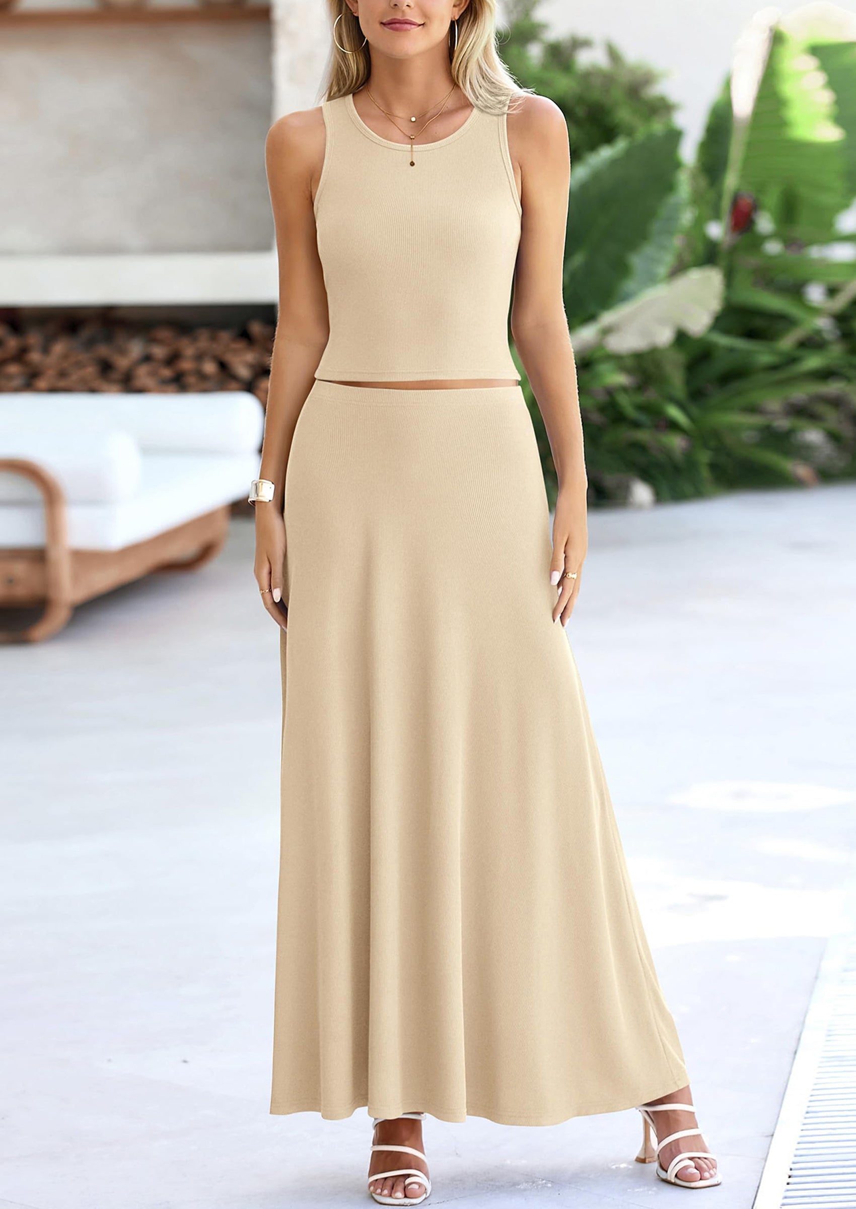 Chichi 2 Piece Maxi Skirt Sets Casual Knit Cropped Tank Top High Waisted Long Skirts Outfit