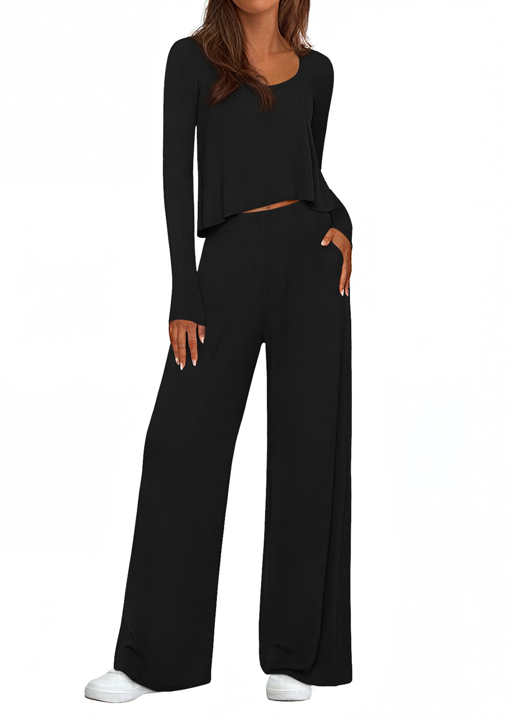 Chichi Women's 2 Piece Fall Sets Casual Long Sleeve Shirts Wide Leg Pants Lounge Travel Outfits Fashion Clothing Black