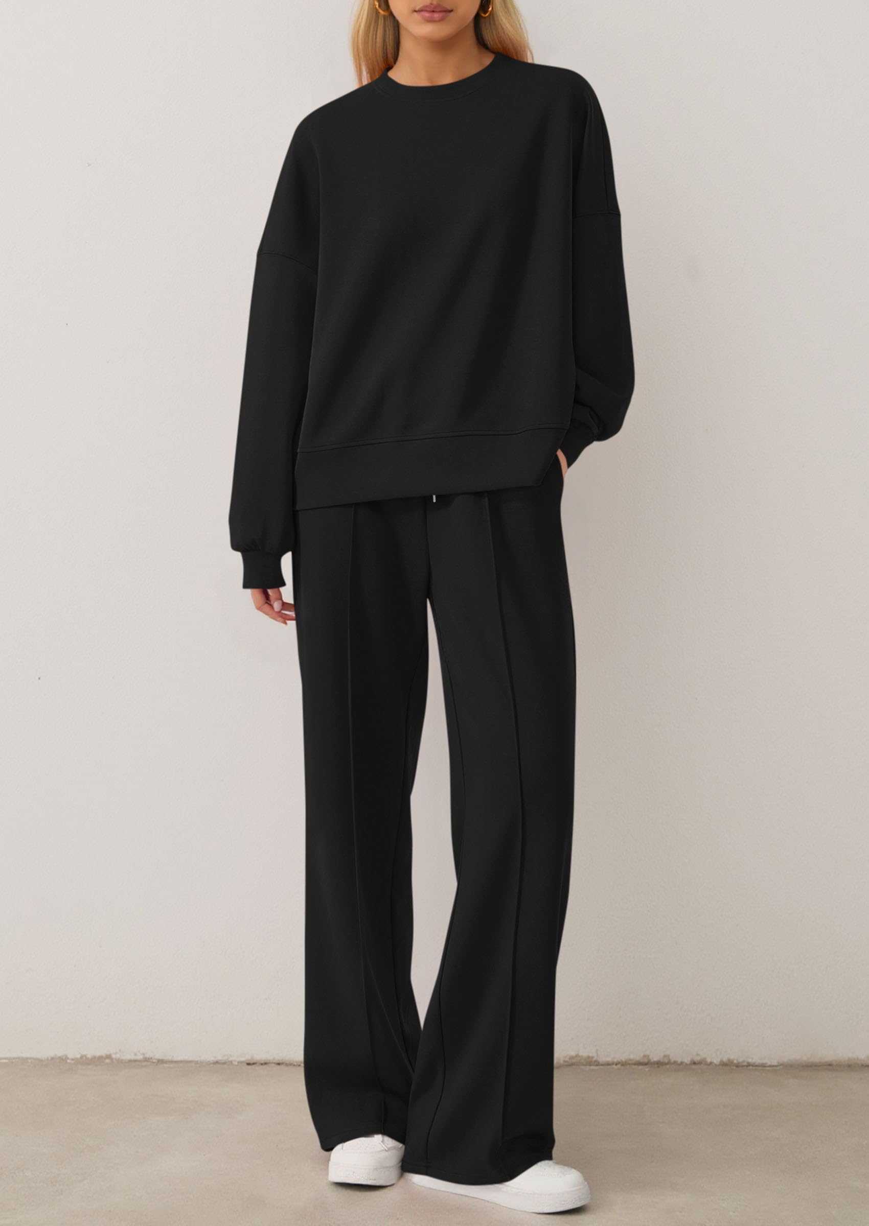 Chichi 2 Piece Sets For Women Fall Trendy Long Sleeve Sweatshirt Wide Leg Pants Loungewear Set Matching Sweatsuit Black