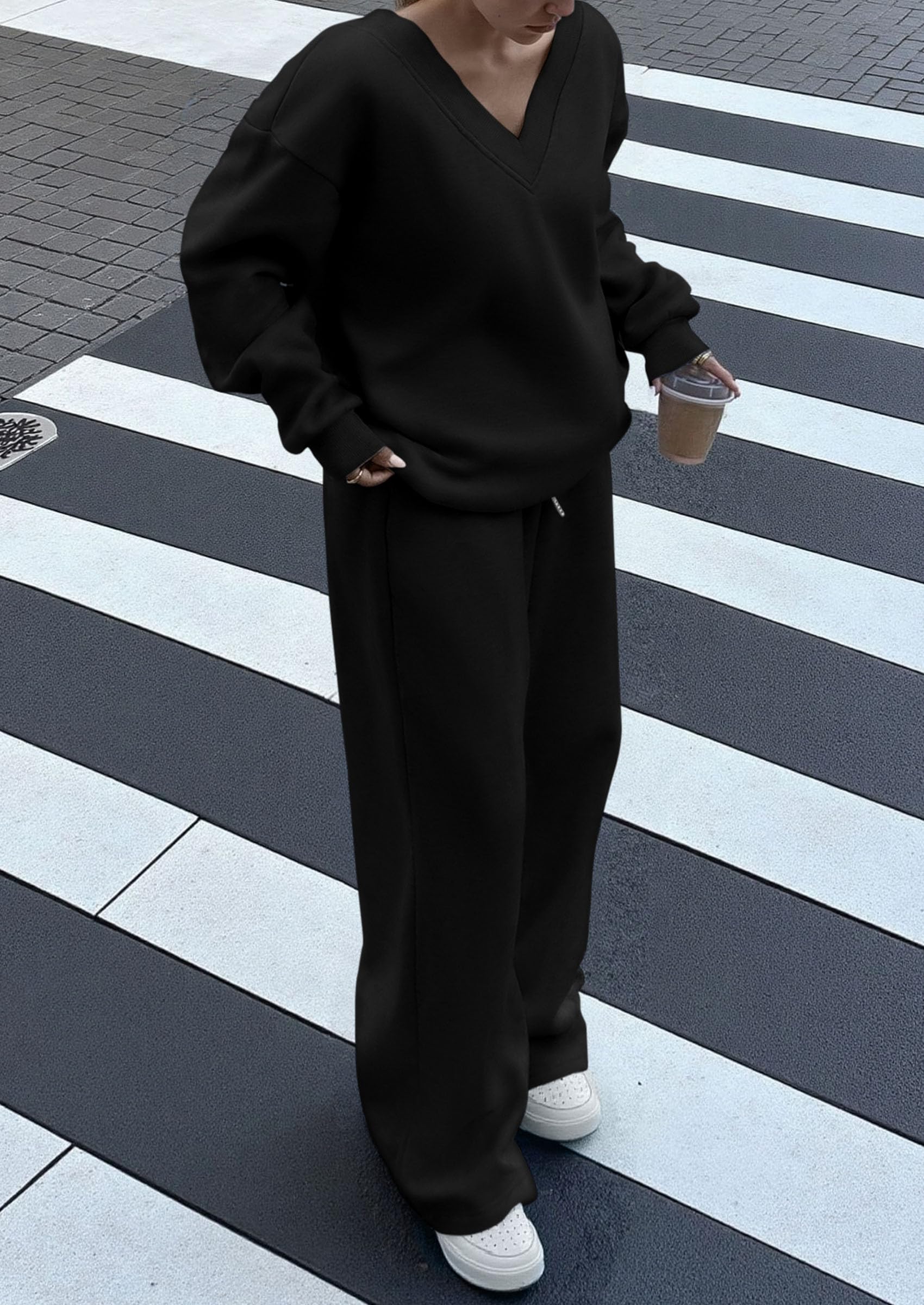 Chichi Casual Winter Two Piece Sets for Women V Neck Sweatshirt Loose Wide Leg Pants Tracksuit Knit Fall Outfits Black