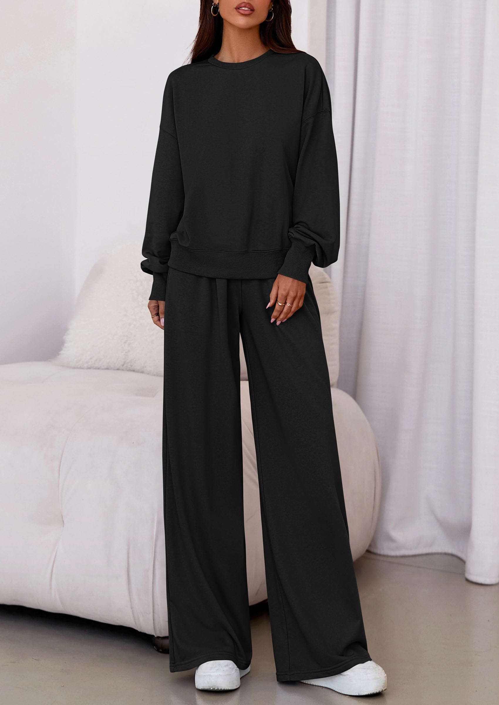 Chichi Womens 2 Piece Sets Long Sleeve Sweatshirt Wide Leg Pants Loose Matching Lounge Set Trendy Fall Outfits Black