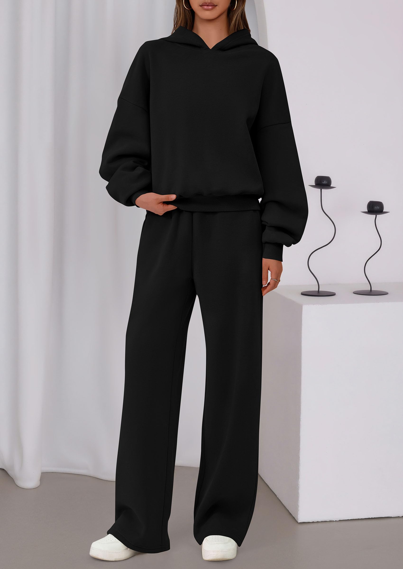 Chichi Womens Sweatsuits 2 Piece Set Casual Winter Long Sleeve Hoodie Loose Wide Leg Sweatpants Fall Tracksuit Black