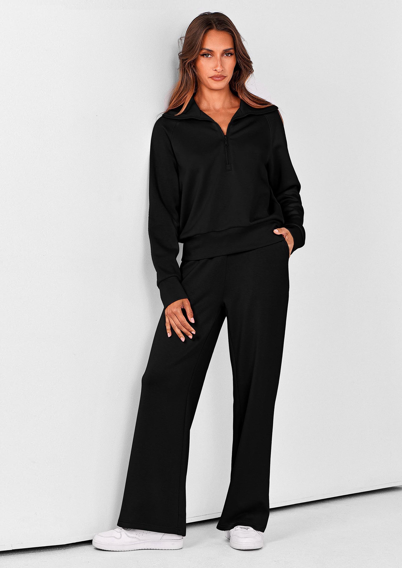Chichi Women's 2 Piece Outfits Casual Lapel Half Zip Sweatshirts And Wide Leg Pants Tracksuit Sets Black