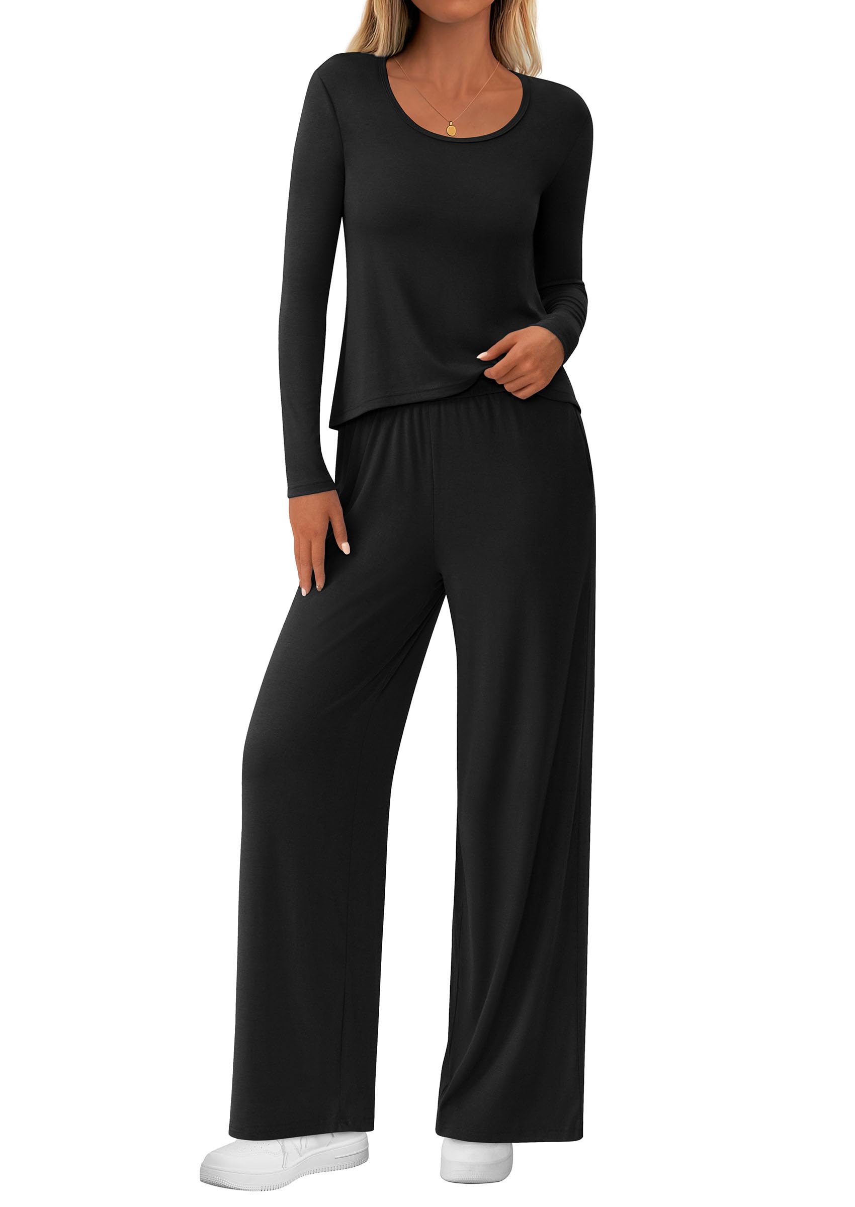 Chichi Women's 2 Piece Fall Sets Casual Long Sleeve Shirts Wide Leg Pants Lounge Travel Outfits Fashion Clothing Black