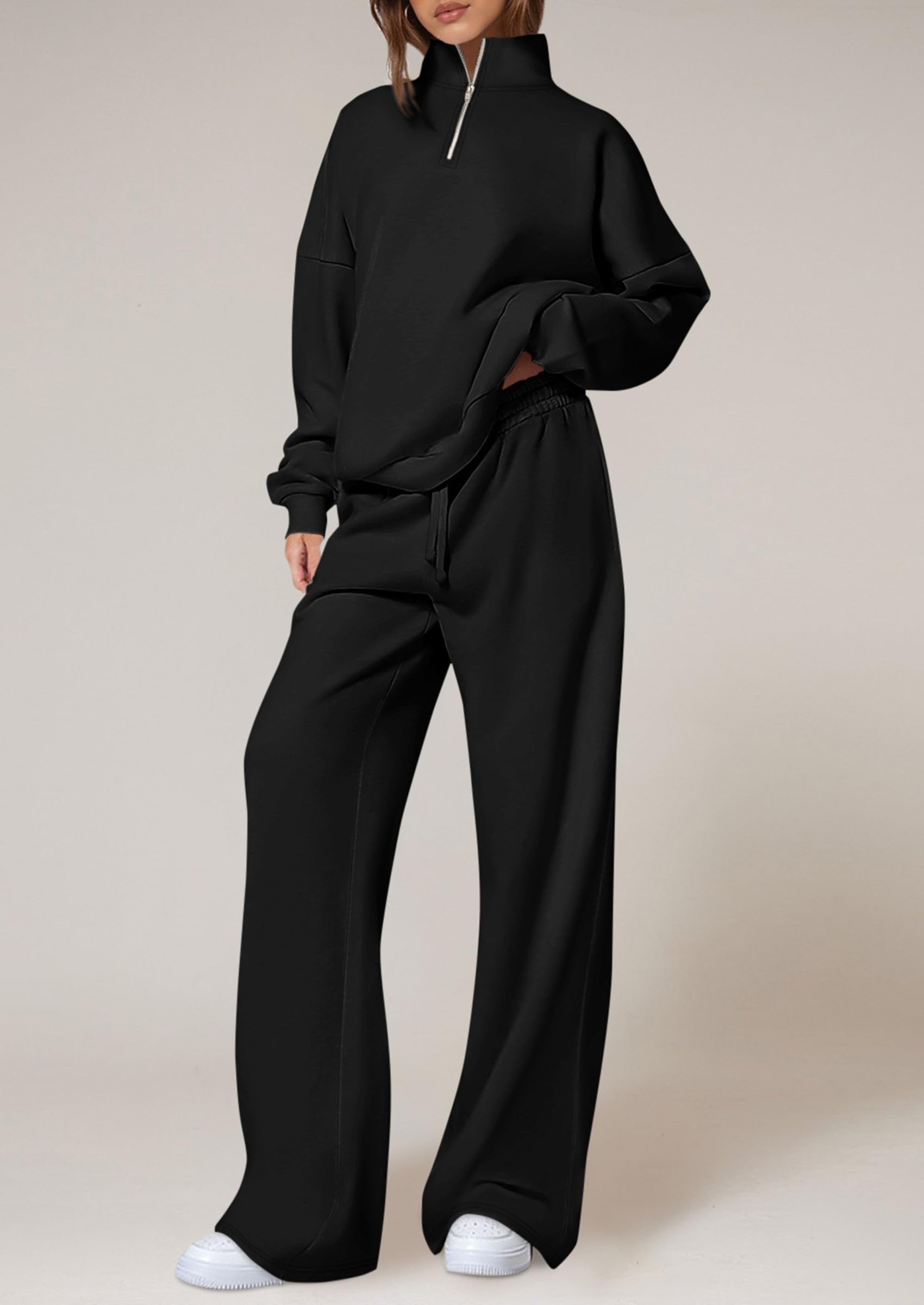 Chichi Womens Casual Two Piece Sets Fall Outfits Quarter Zip Sweatshirts Straight Leg Pants Sweatsuits Tracksuit Black