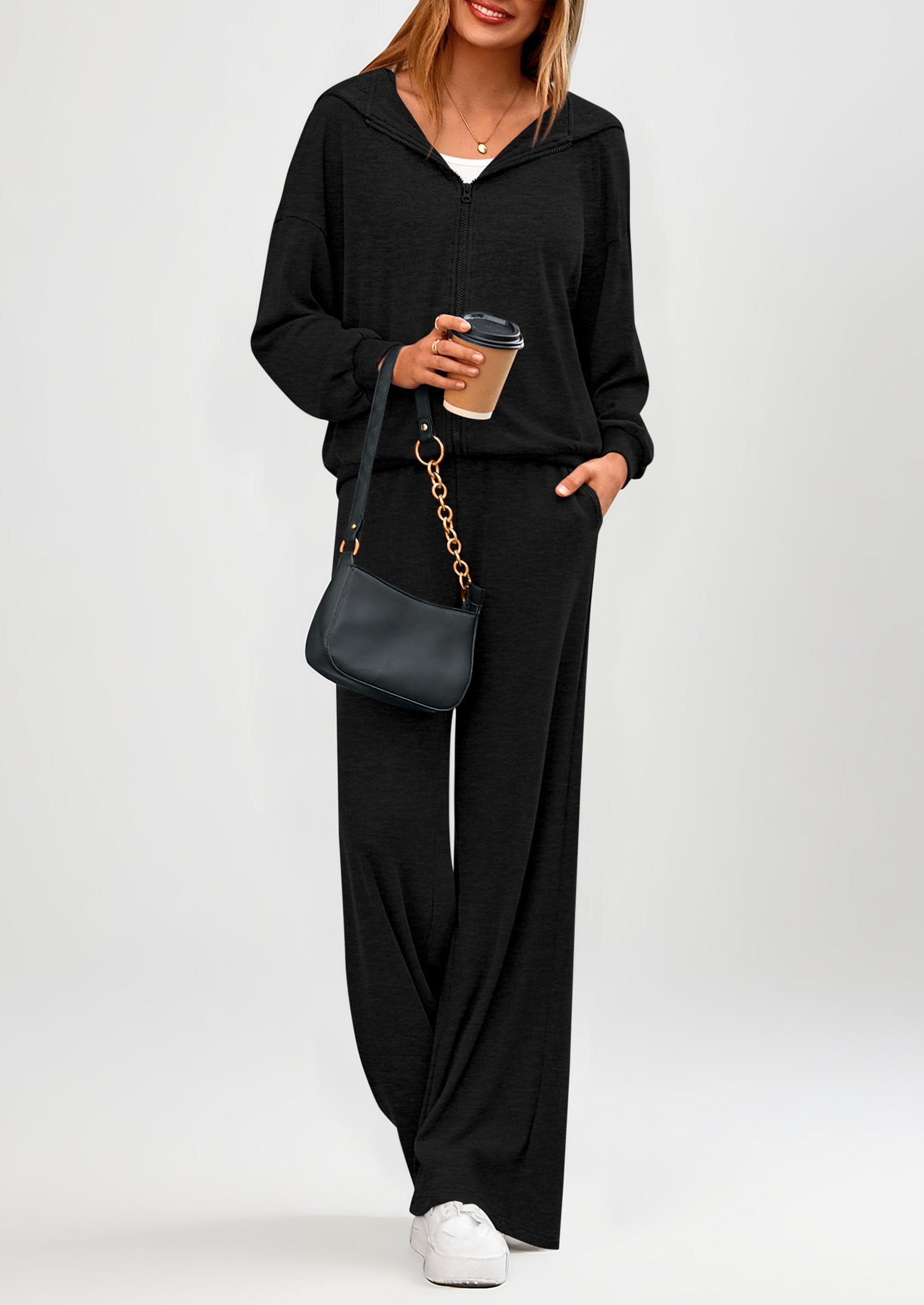 Chichi Women's 2 Piece Fall Lounge Sets Zip Up Hoodie Wide Leg Pants Tracksuit Matching Travel Outfits Clothes Black