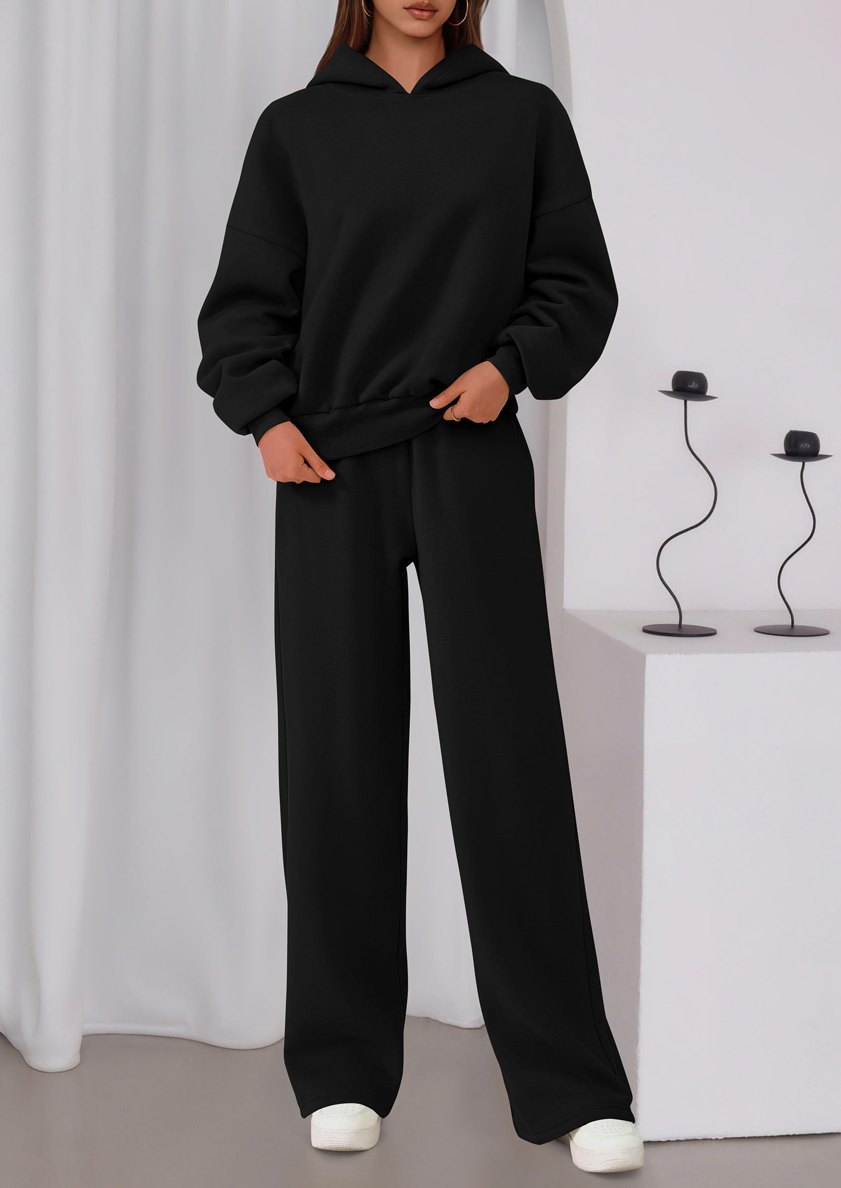 Chichi Womens Sweatsuits 2 Piece Set Casual Winter Long Sleeve Hoodie Loose Wide Leg Sweatpants Fall Tracksuit Black