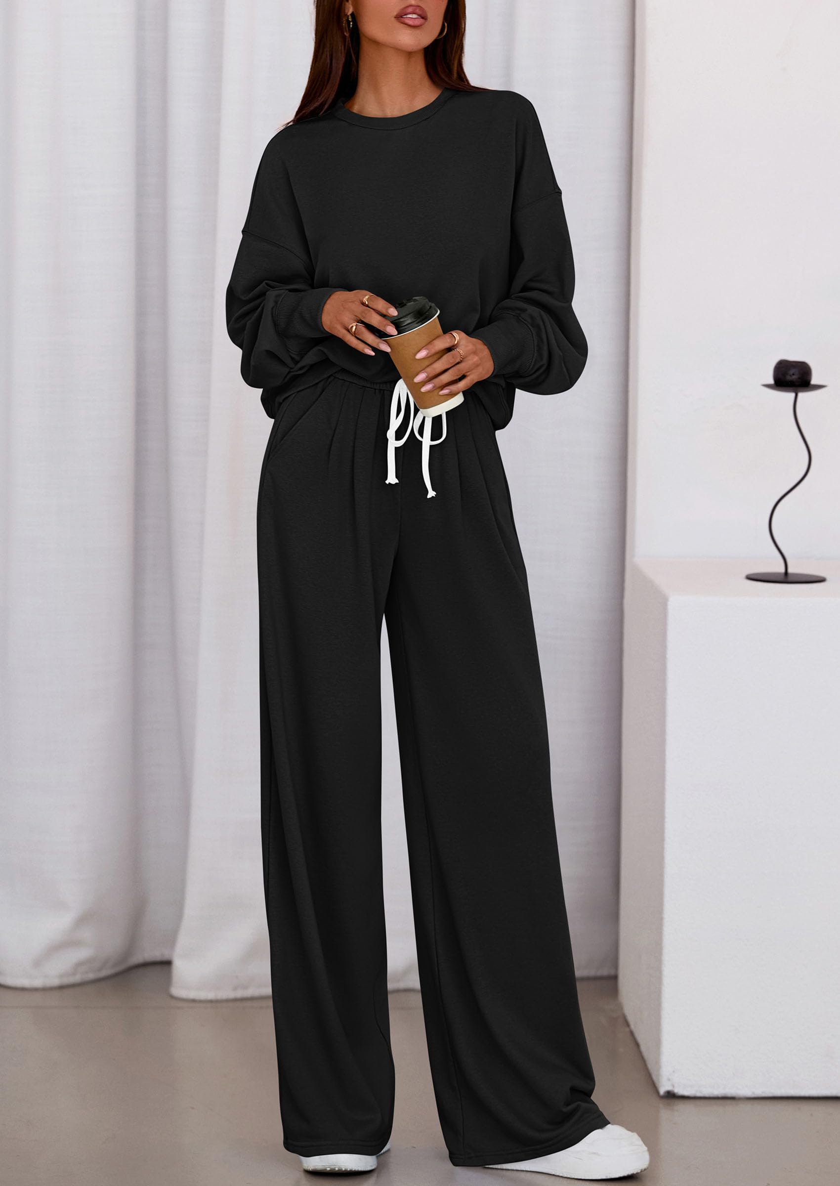 Chichi Womens 2 Piece Sets Long Sleeve Sweatshirt Wide Leg Pants Loose Matching Lounge Set Trendy Fall Outfits Black