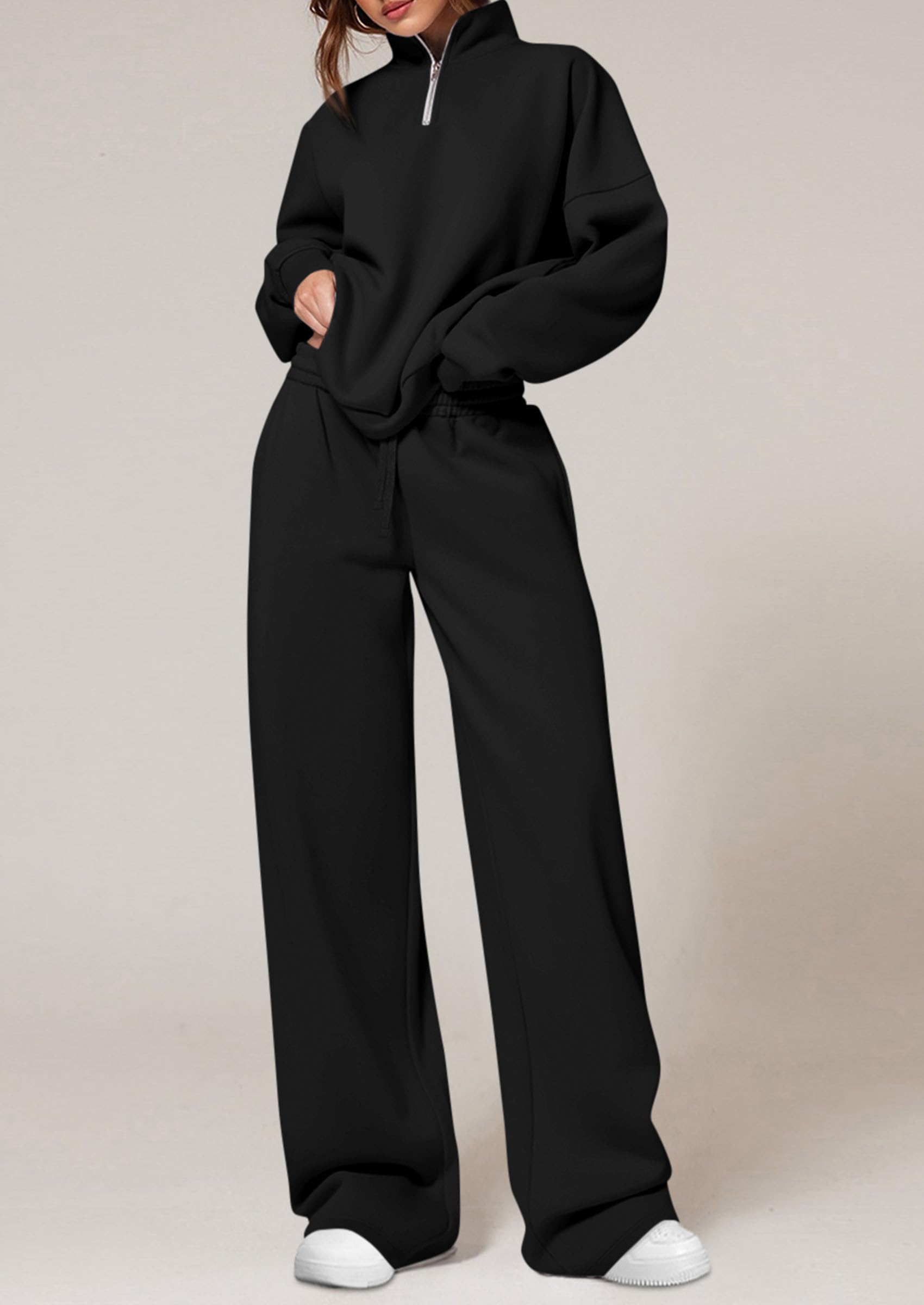 Chichi Womens Casual Two Piece Sets Fall Outfits Quarter Zip Sweatshirts Straight Leg Pants Sweatsuits Tracksuit Black