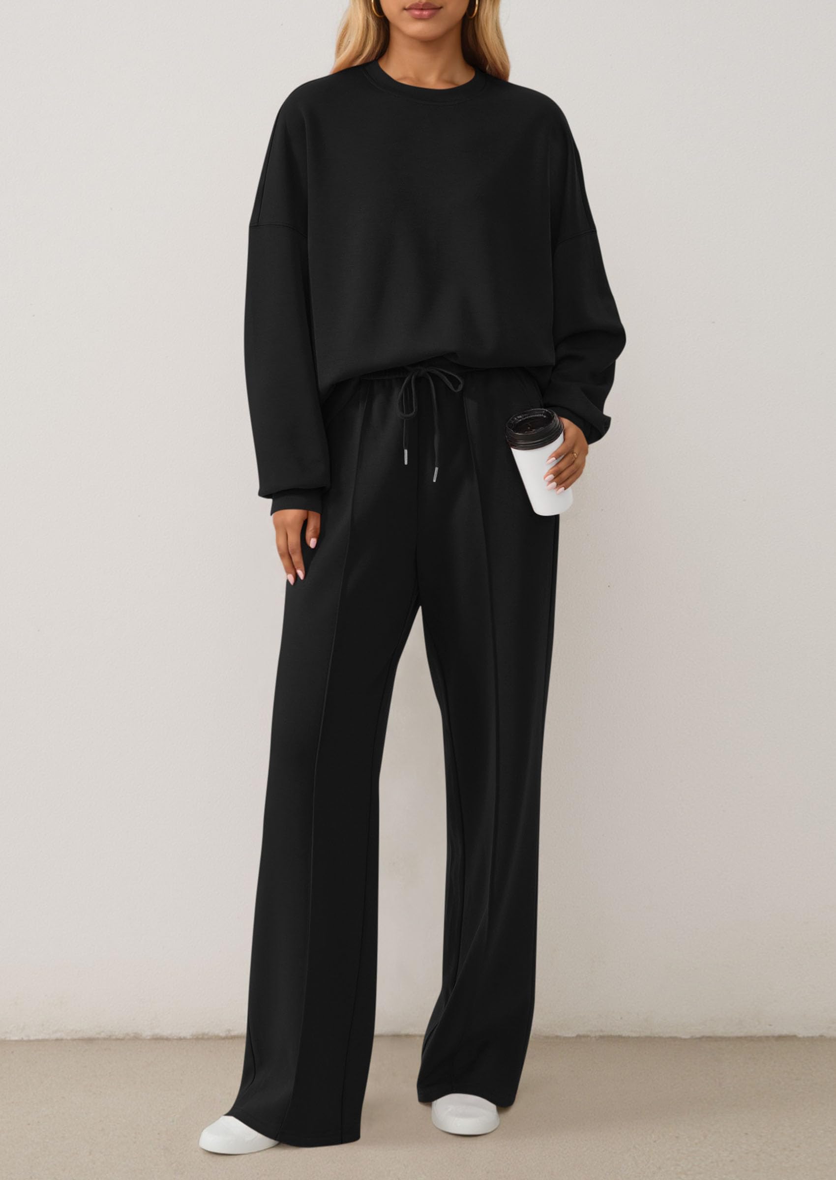 Chichi 2 Piece Sets For Women Fall Trendy Long Sleeve Sweatshirt Wide Leg Pants Loungewear Set Matching Sweatsuit Black