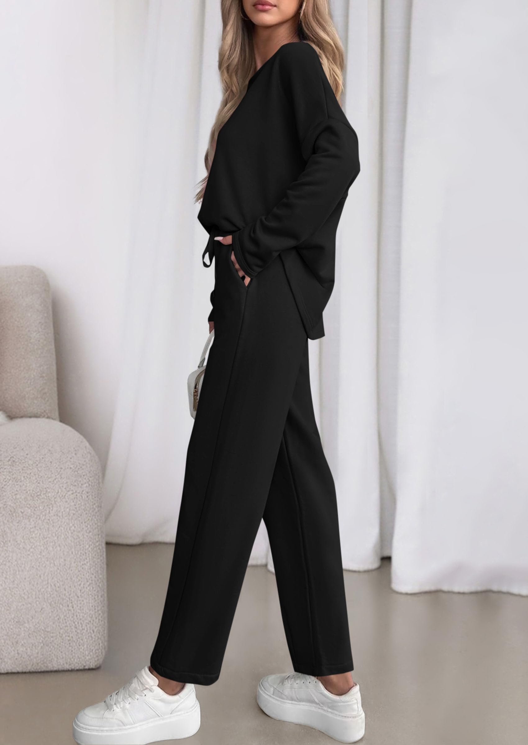 Chichi Womens 2 Piece Matching Lounge Sets Fall Long Sleeve Boatneck Sweatsuit Drawstring Sweatpants Pockets Black
