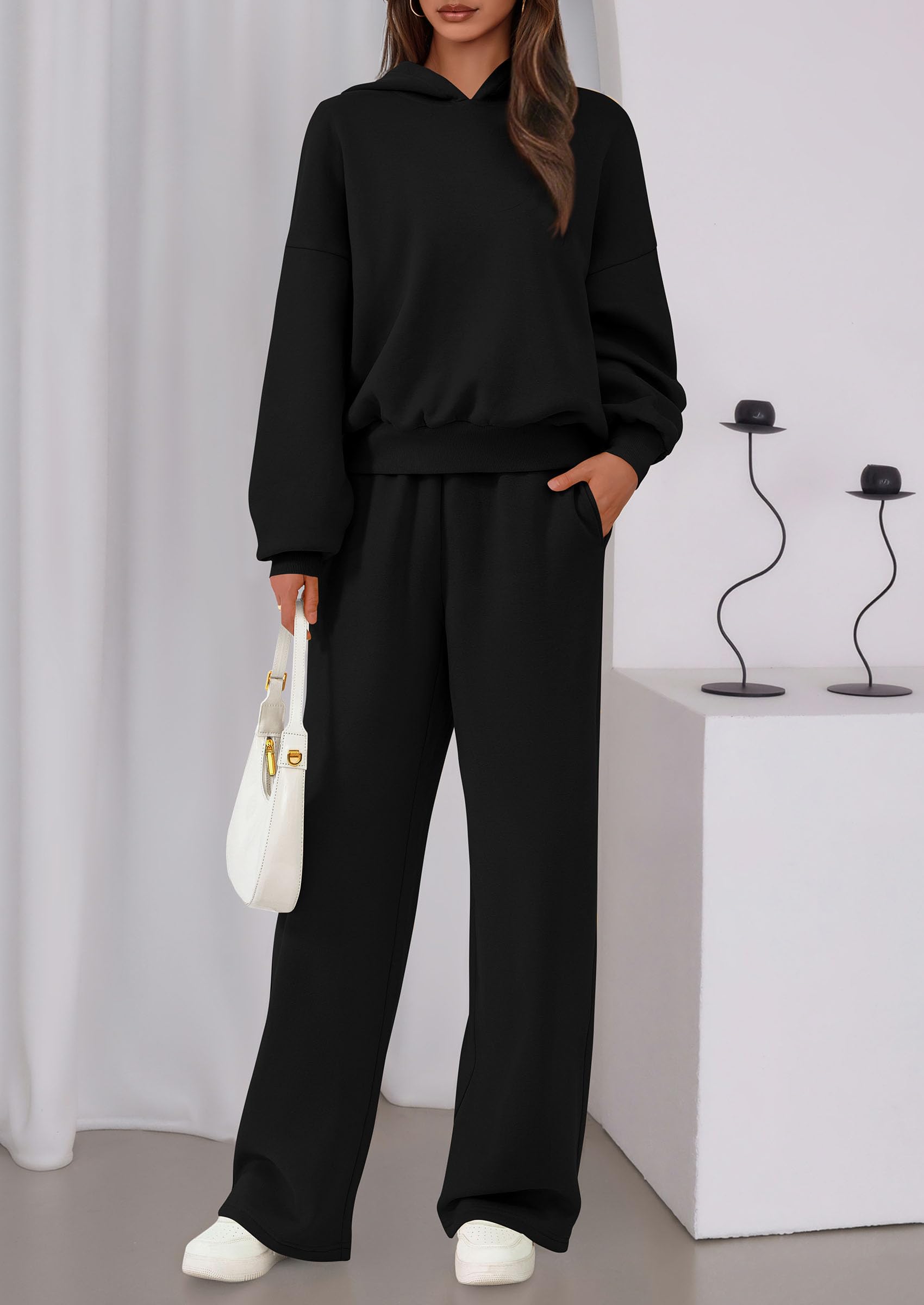 Chichi Womens Sweatsuits 2 Piece Set Casual Winter Long Sleeve Hoodie Loose Wide Leg Sweatpants Fall Tracksuit Black
