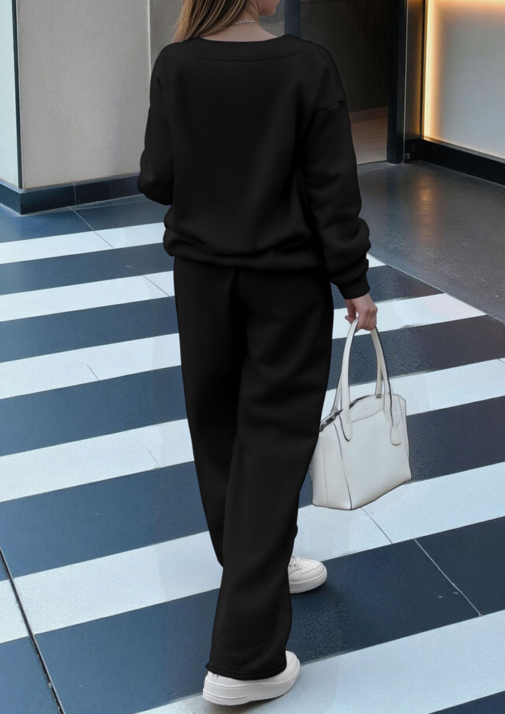 Chichi Casual Winter Two Piece Sets for Women V Neck Sweatshirt Loose Wide Leg Pants Tracksuit Knit Fall Outfits Black