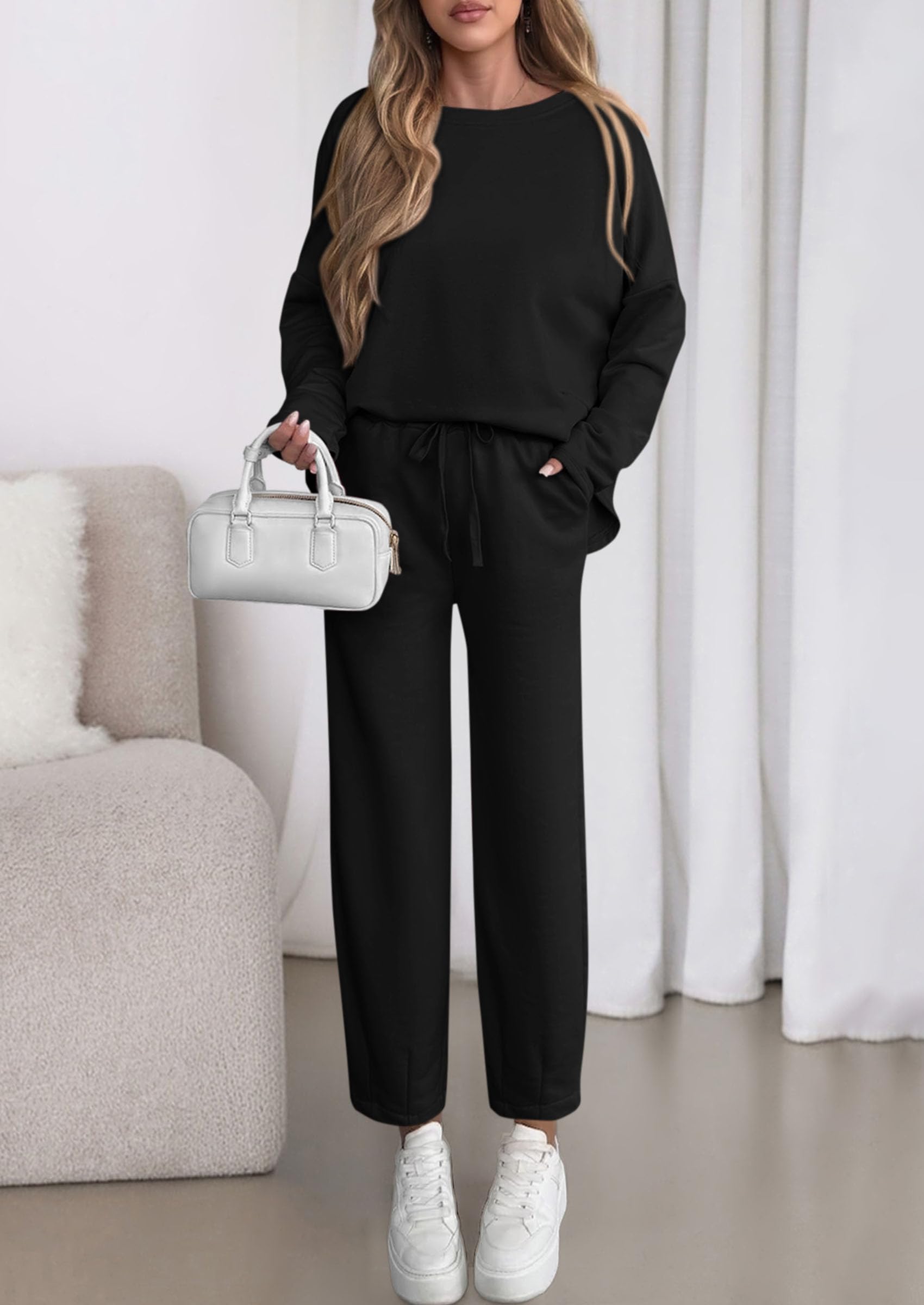 Chichi Womens 2 Piece Matching Lounge Sets Fall Long Sleeve Boatneck Sweatsuit Drawstring Sweatpants Pockets Black