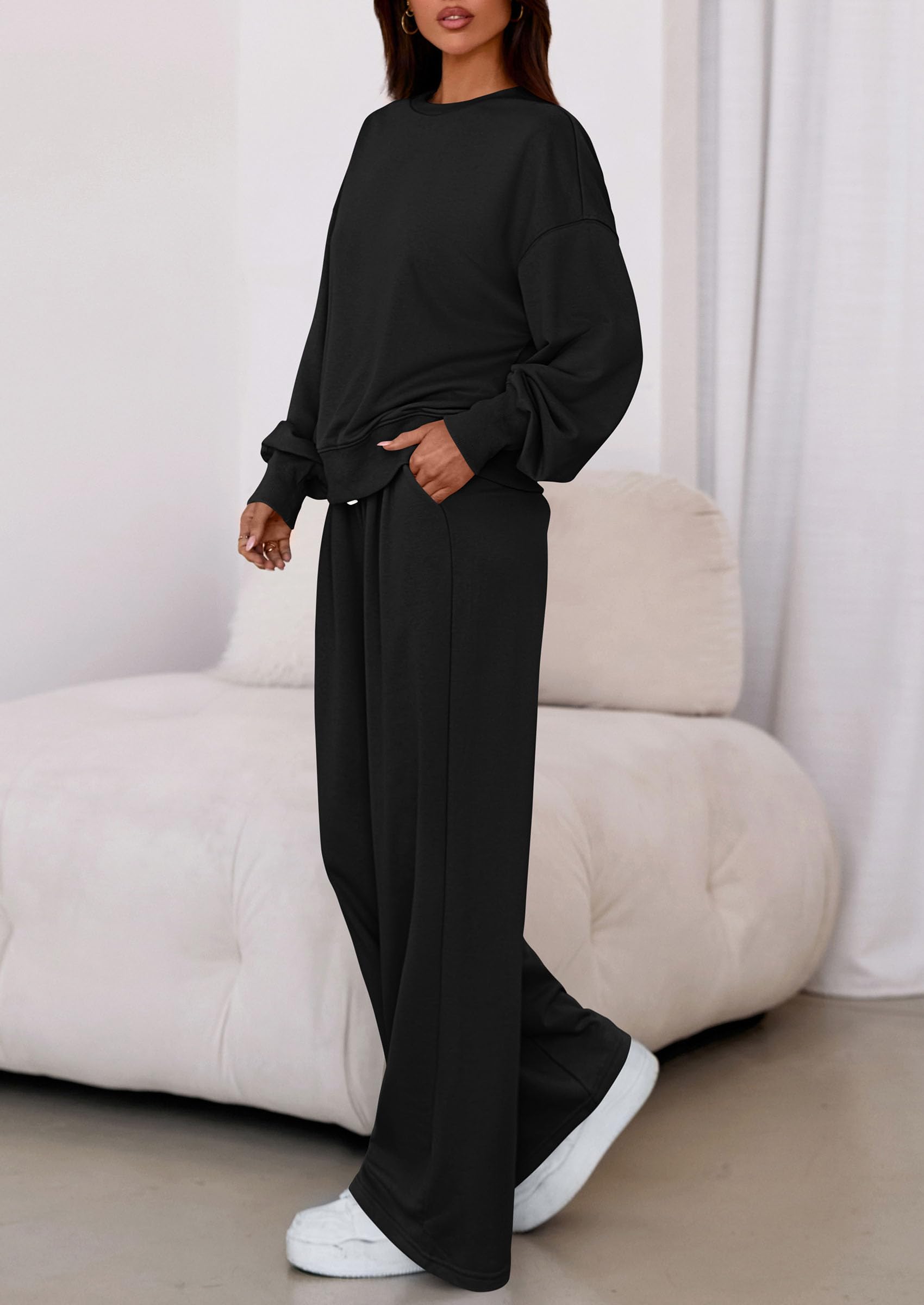 Chichi Womens 2 Piece Sets Long Sleeve Sweatshirt Wide Leg Pants Loose Matching Lounge Set Trendy Fall Outfits Black