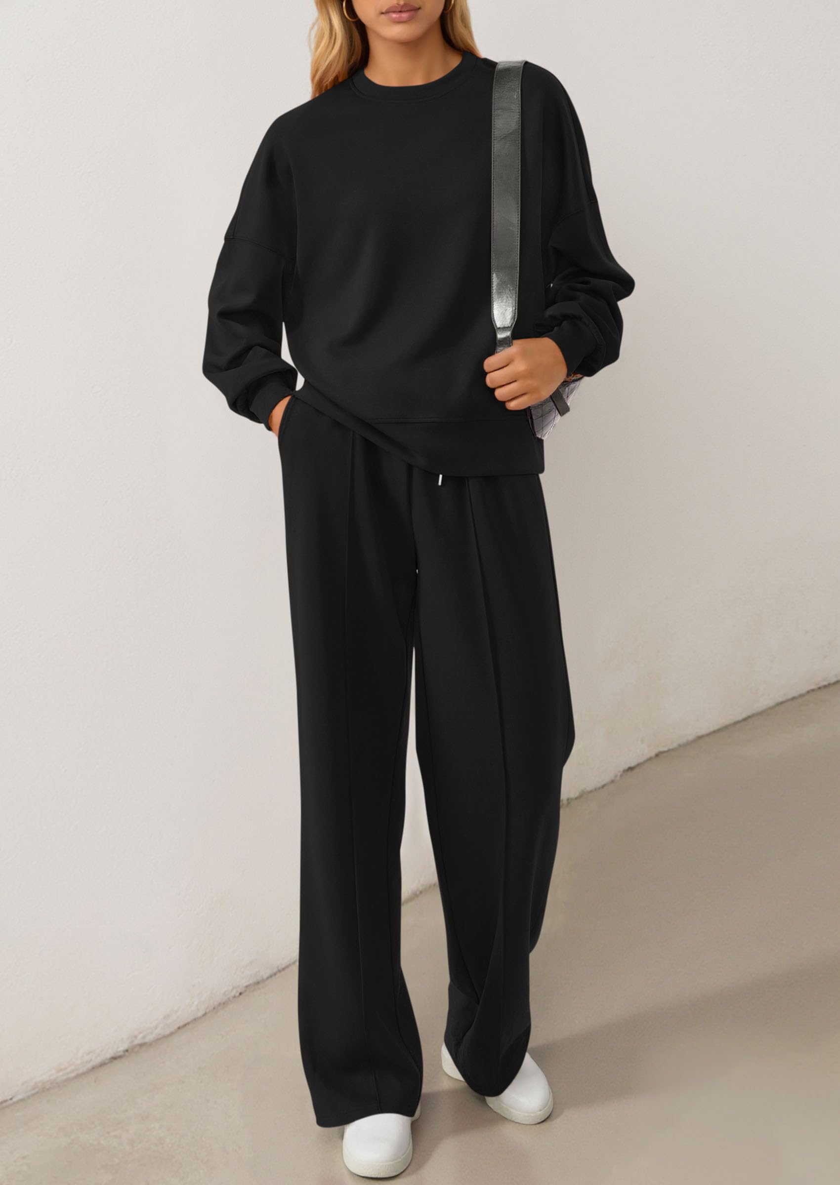 Chichi 2 Piece Sets For Women Fall Trendy Long Sleeve Sweatshirt Wide Leg Pants Loungewear Set Matching Sweatsuit Black