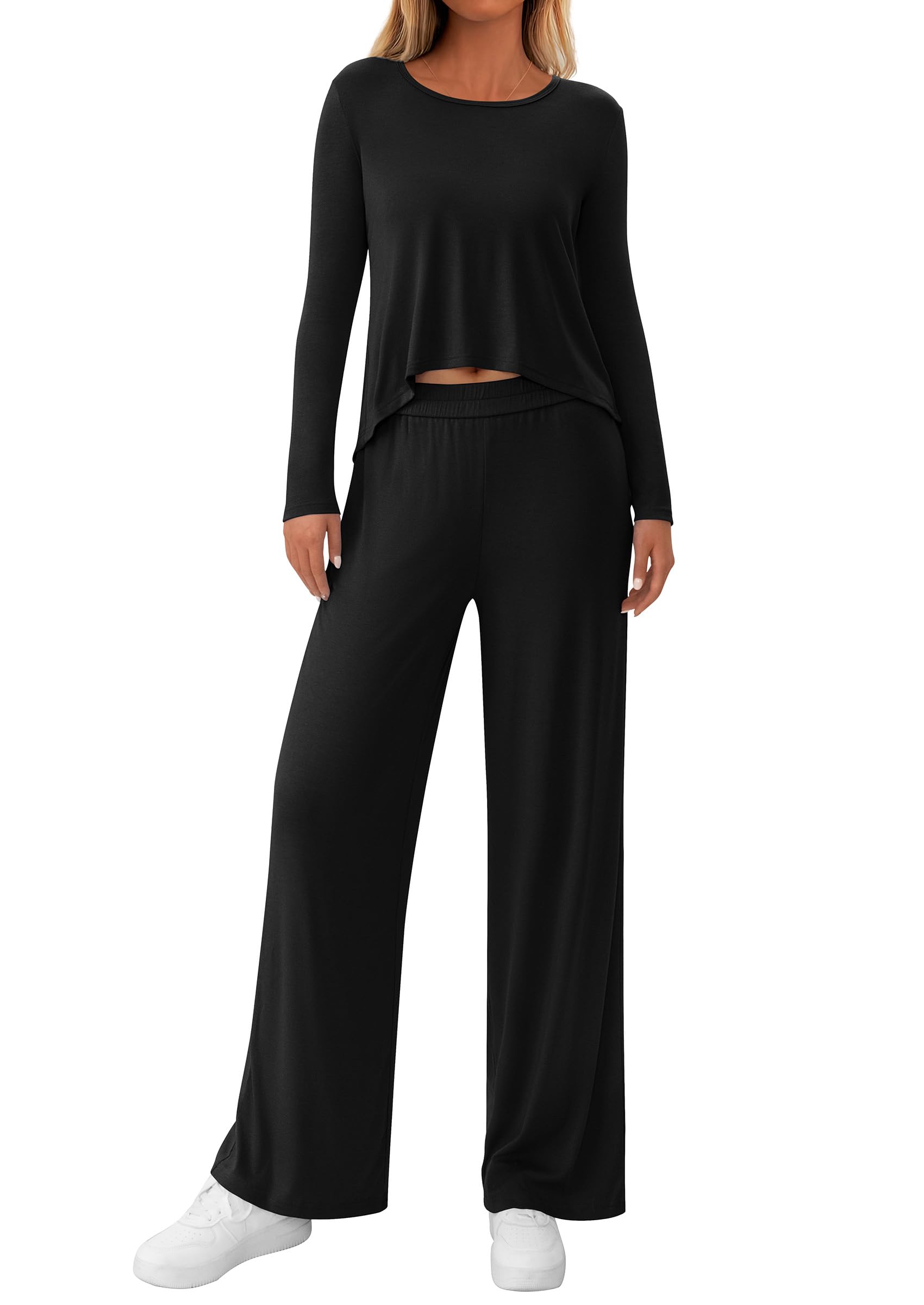 Chichi Women's 2 Piece Fall Sets Casual Long Sleeve Shirts Wide Leg Pants Lounge Travel Outfits Fashion Clothing Black
