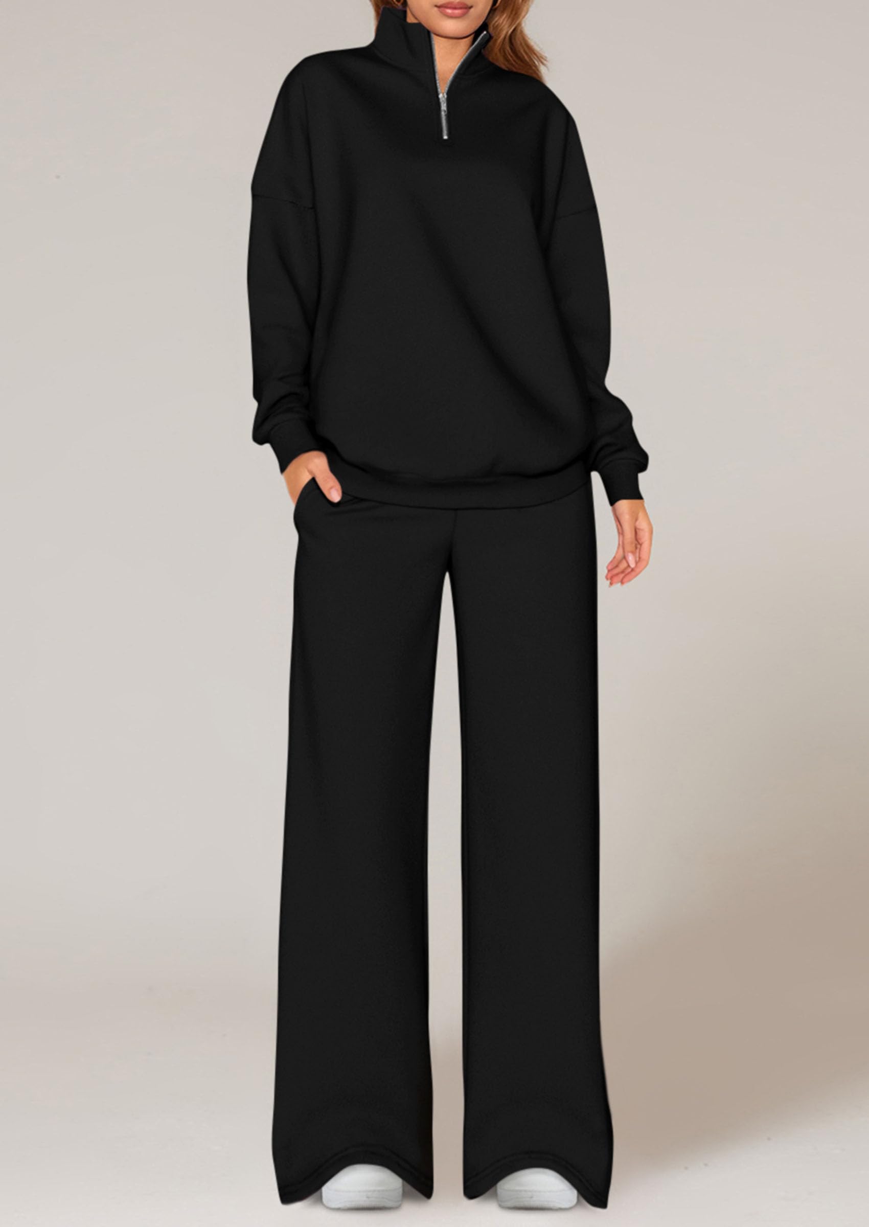 Chichi Womens Casual Two Piece Sets Fall Outfits Quarter Zip Sweatshirts Straight Leg Pants Sweatsuits Tracksuit Black
