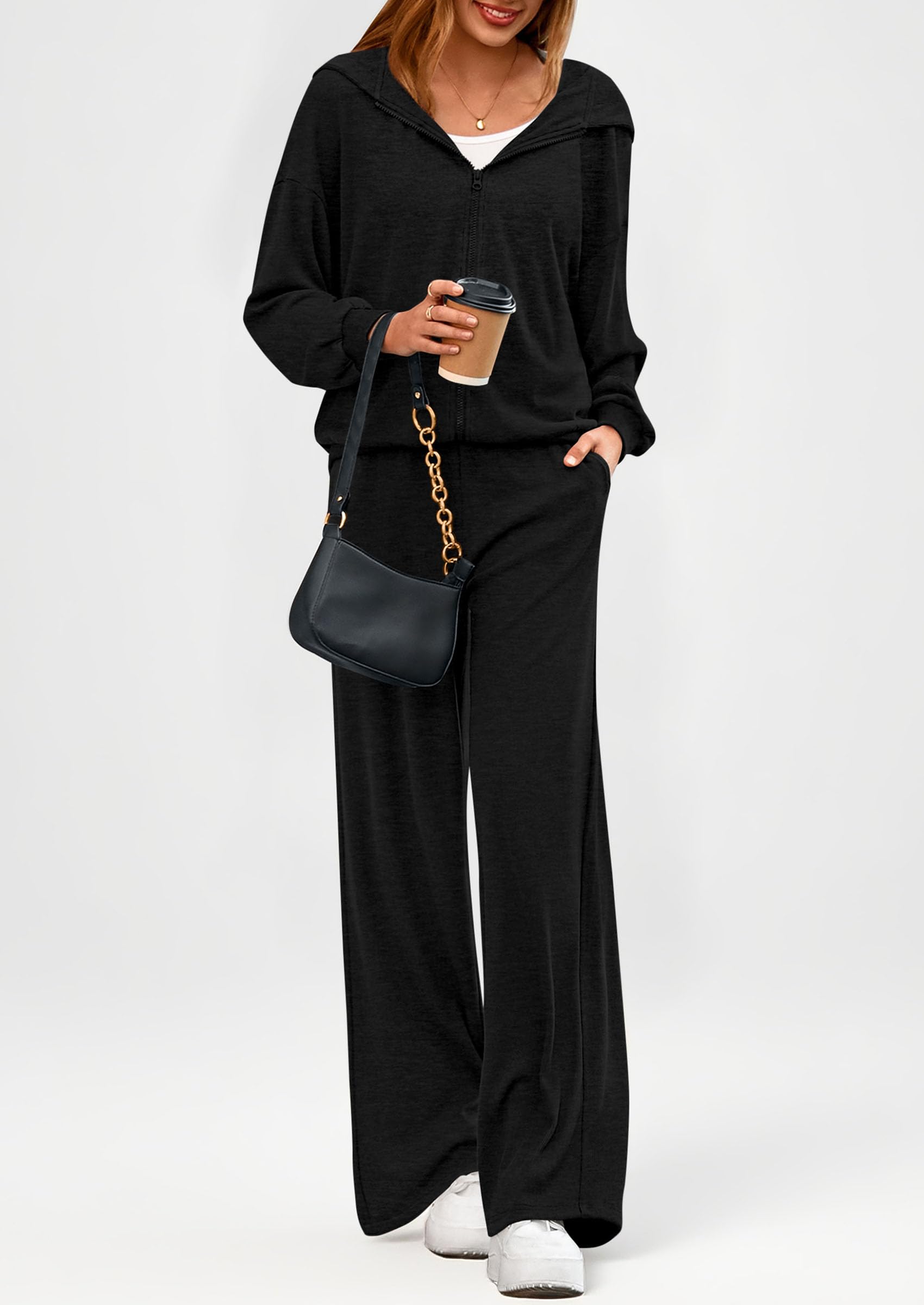 Chichi Women's 2 Piece Fall Lounge Sets Zip Up Hoodie Wide Leg Pants Tracksuit Matching Travel Outfits Clothes Black