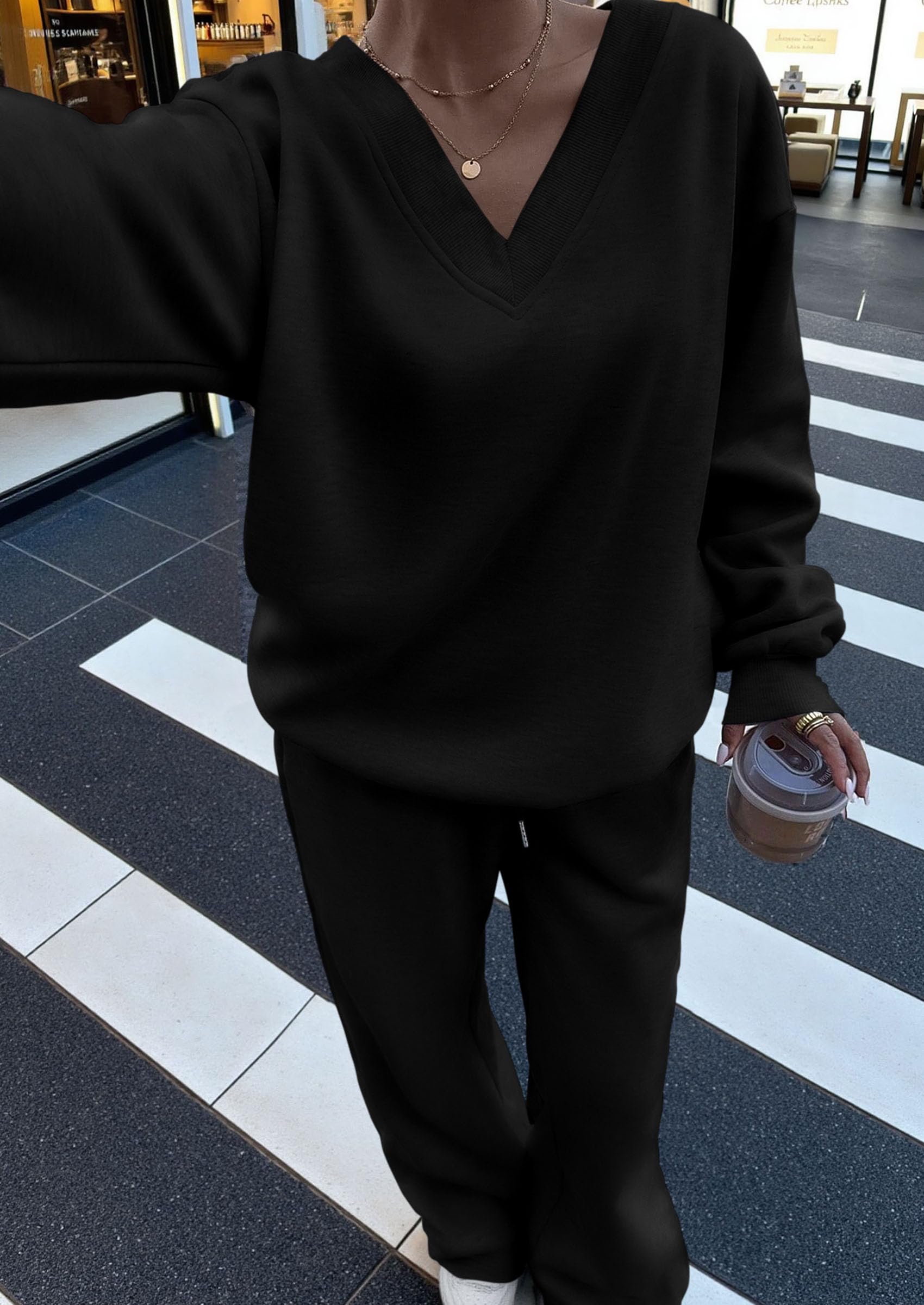 Chichi Casual Winter Two Piece Sets for Women V Neck Sweatshirt Loose Wide Leg Pants Tracksuit Knit Fall Outfits Black