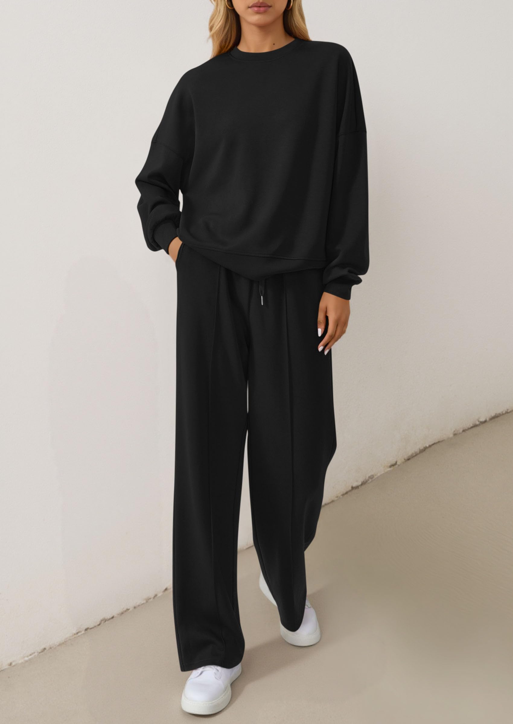 Chichi 2 Piece Sets For Women Fall Trendy Long Sleeve Sweatshirt Wide Leg Pants Loungewear Set Matching Sweatsuit Black