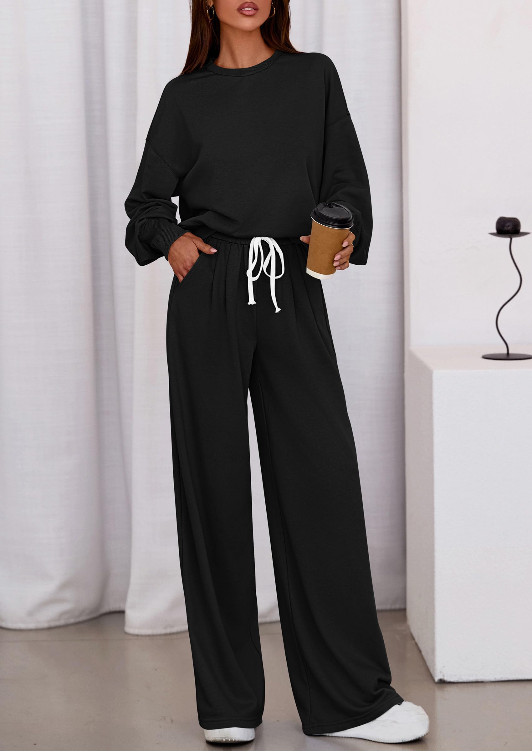 Chichi Womens 2 Piece Sets Long Sleeve Sweatshirt Wide Leg Pants Loose Matching Lounge Set Trendy Fall Outfits Black